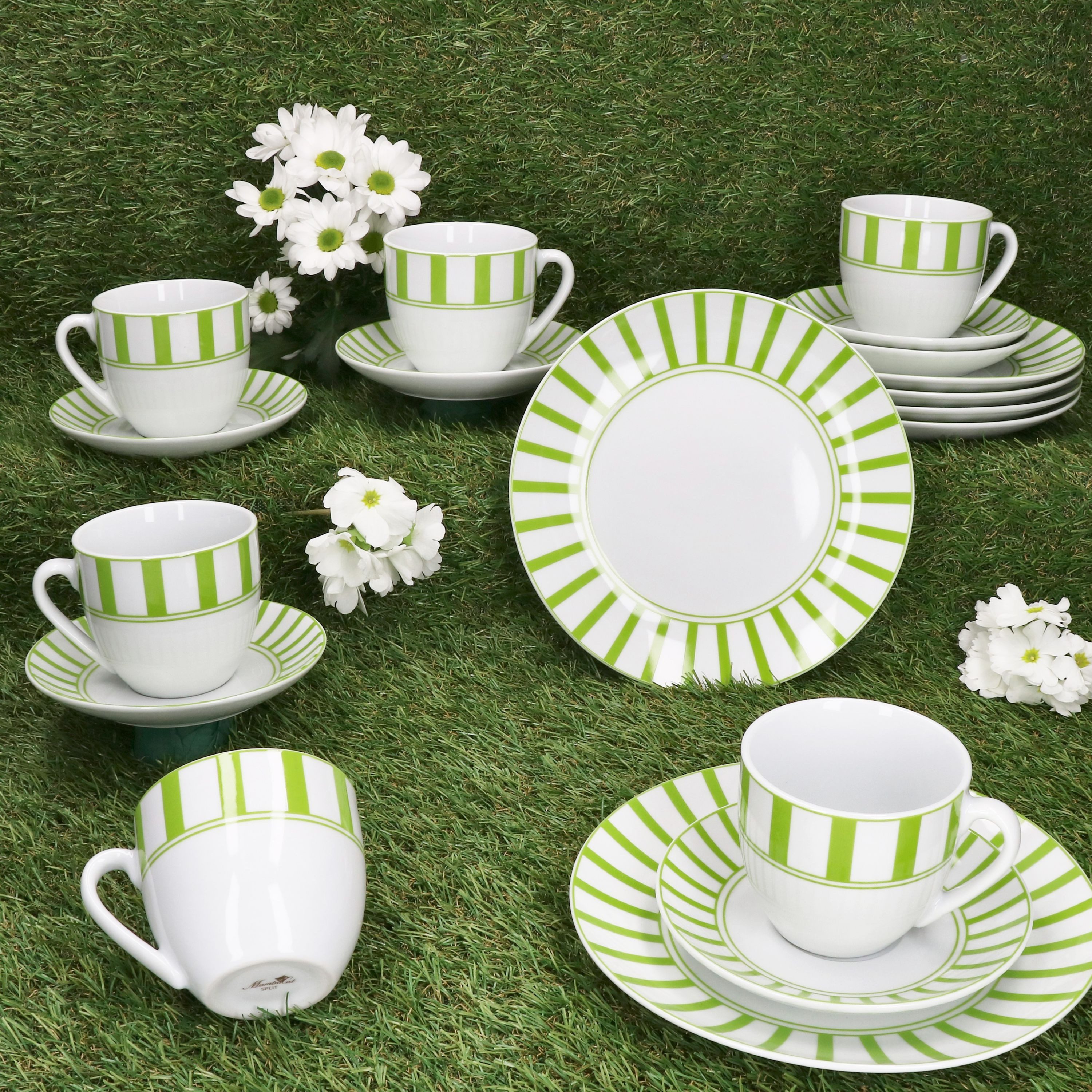 MamboCat Kaffeeservice 18tlg Kaffeeservice Split grün Porzellan 6 Pers Tasse Teller Streifen, Porzellan