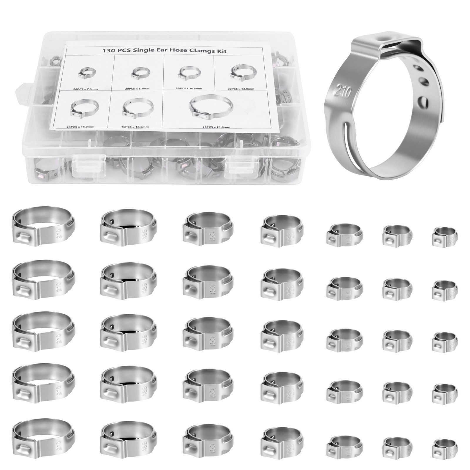 BlingBin Schlauchschelle 130 Stück Edelstahl Einohr-Schlauchschellen, 7 Größen 7-21mm, (130er Set, 130-St., 7-21mm), Verstellbare Ohrschellen für Wasserrohre, Sanitär und Automobil