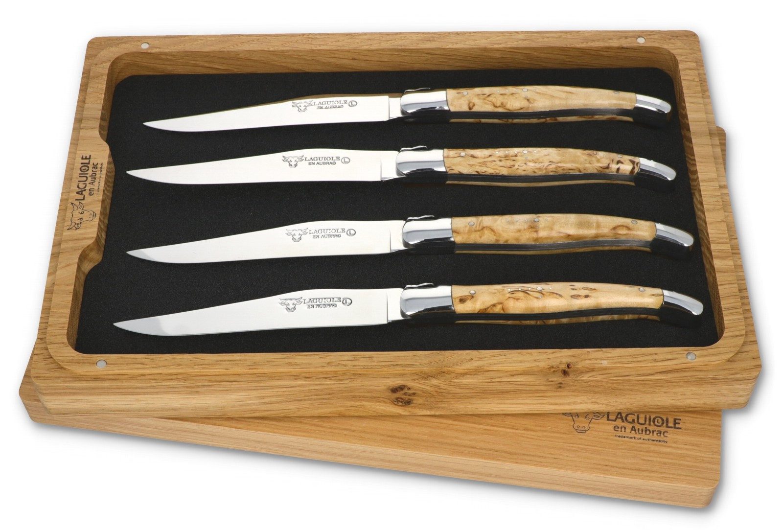 Laguiole en Aubrac Стейк ножи 42C99BHIH BRI 4er Set - Griff Birke - Backen glänzend - Klinge glänzend - Holzbox