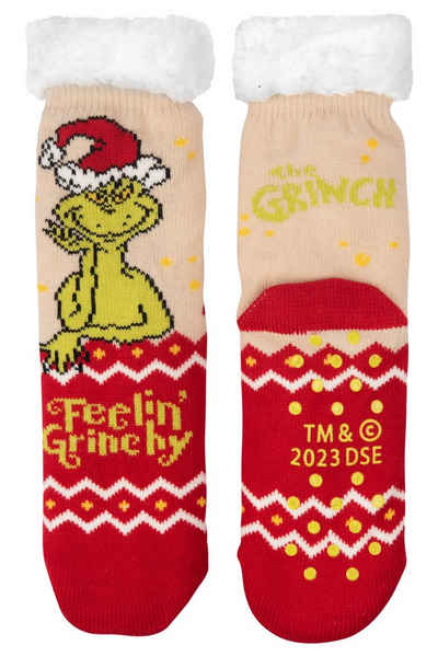 United Labels® Socken The Grinch Damen Kuschelsocken Wintersocken warme Socken Beige Rot