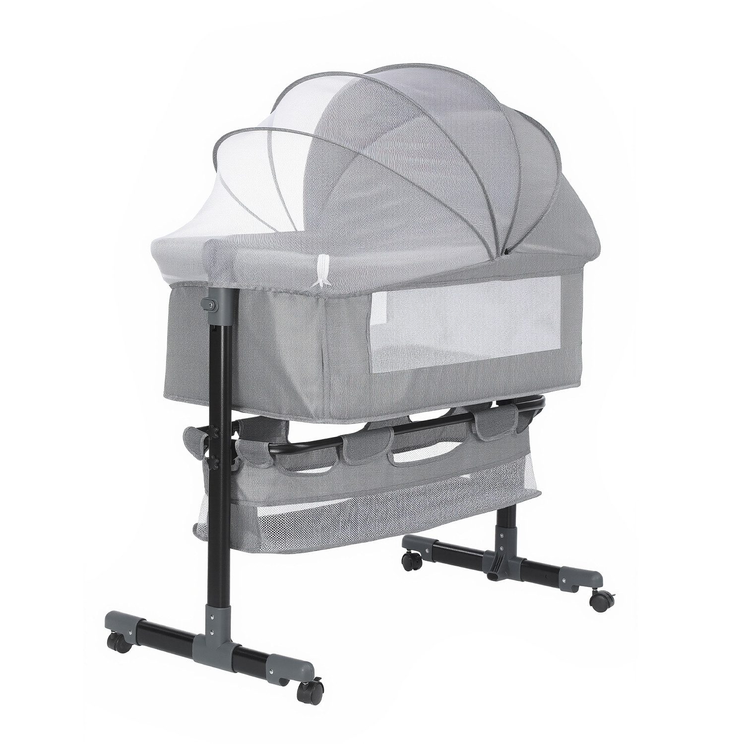 oyajia Beistellbett Reisebett für Neugeborene mit Rädern, Aufbewahrungskorb, Matratze, Höhenverstellung, mit Moskitonetz