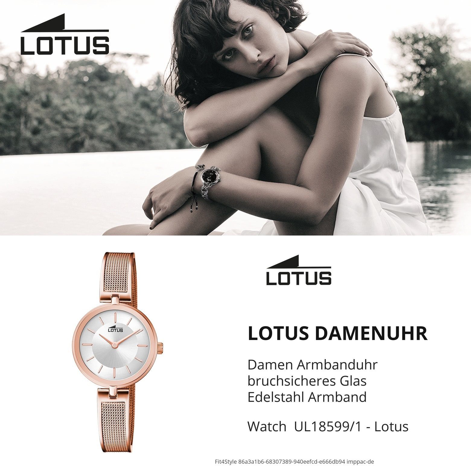 rosegold Fashion Damen LOTUS Edelstahlarmband Armbanduhr Quarzuhr Lotus 18599/1, rund, Damen Uhr