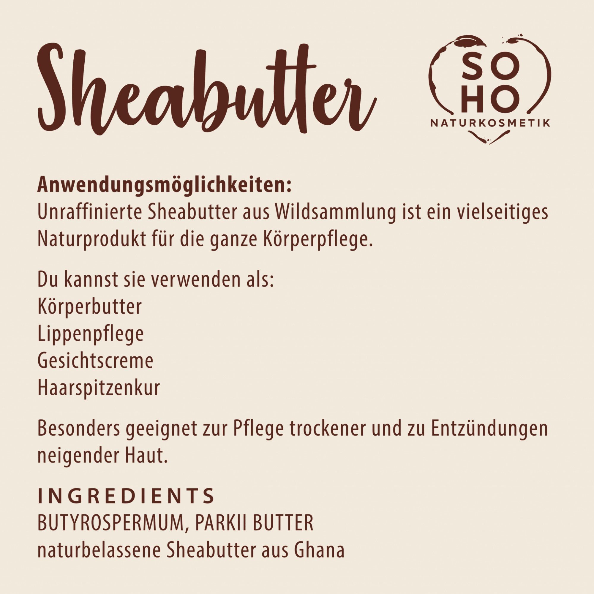 SHEABUTTER, Körperbutter, Lippenbalsam Naturkosmetik Gesichtscreme & Lippenpflege SOHO