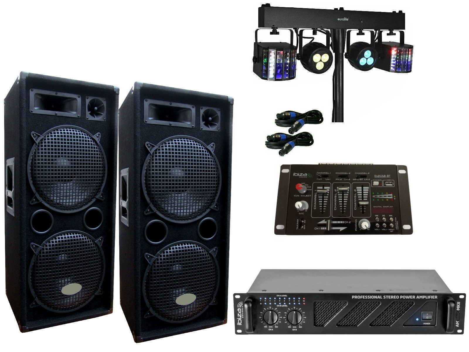 PA Party DJ Set Lautsprecher BT Mixer Verstärker Lichtset 2880 Watt Party-Lautsprecher
