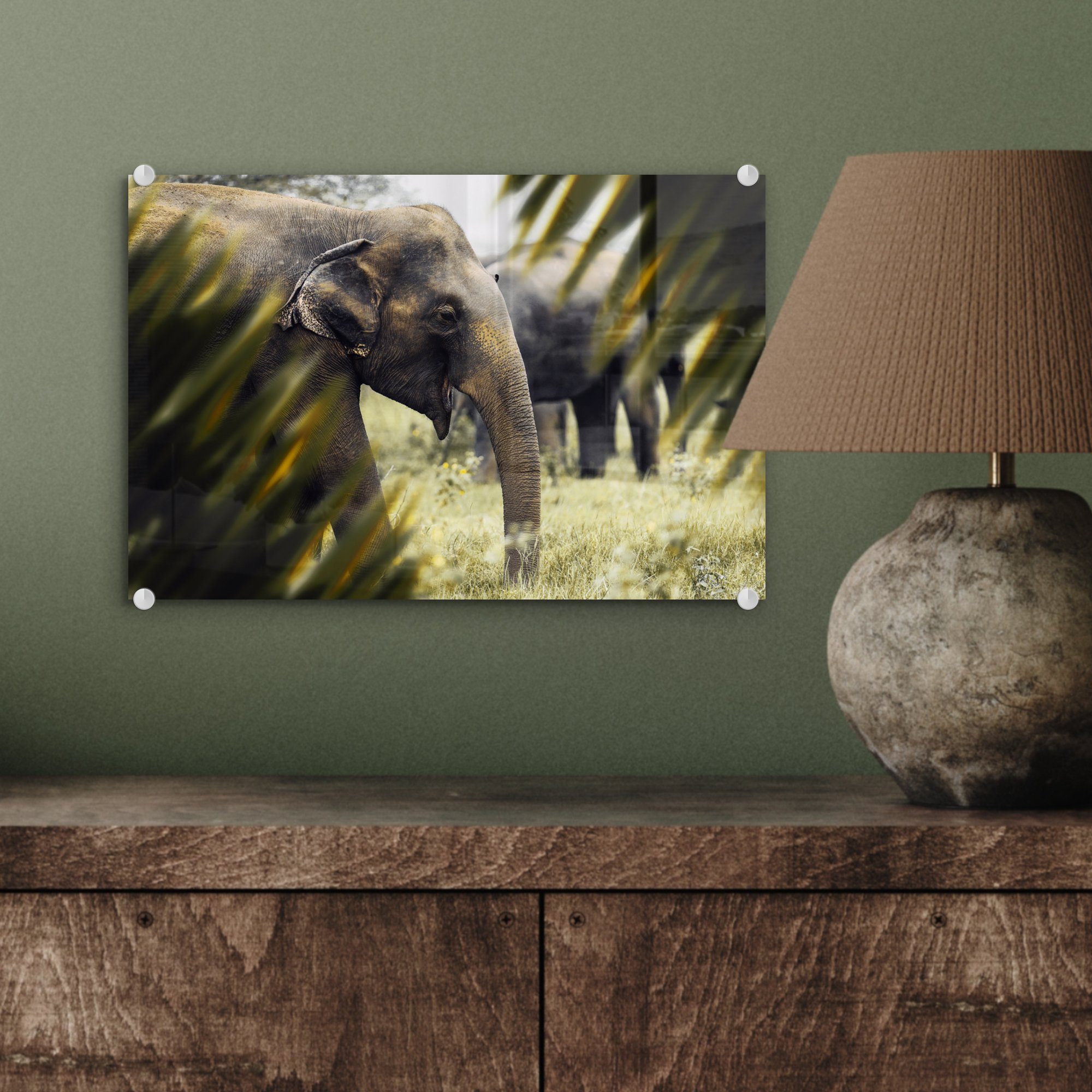MuchoWow Acrylglasbild - Glasbilder Foto - (1 auf Blätter, Elefant St), Glas - - Glas Natur Bilder Wandbild - auf Wanddekoration