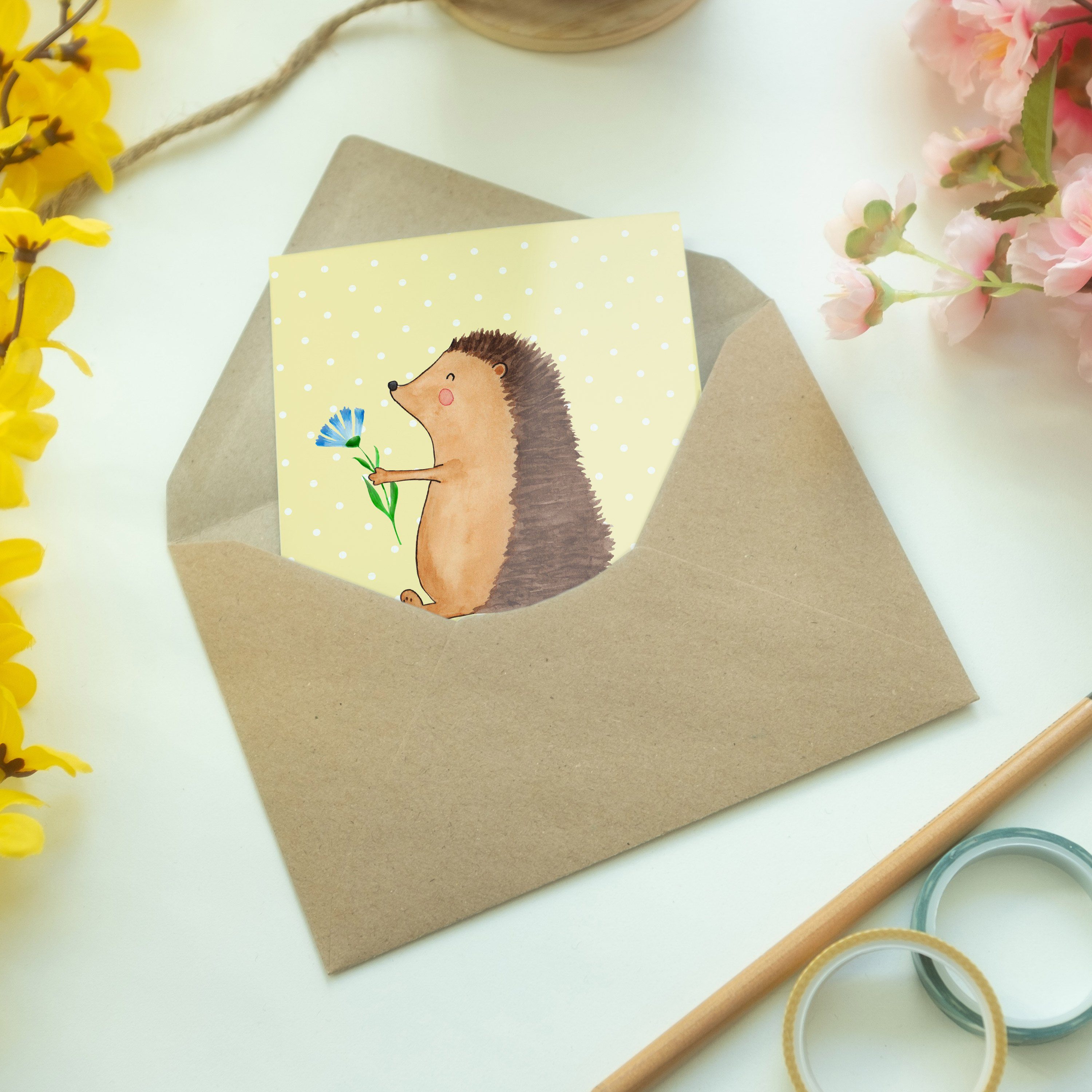 Blume - Geschenk, Einl Pastell Tiere, Mrs. Mr. - Hochzeitskarte, Grußkarte Panda mit Gelb Igel &
