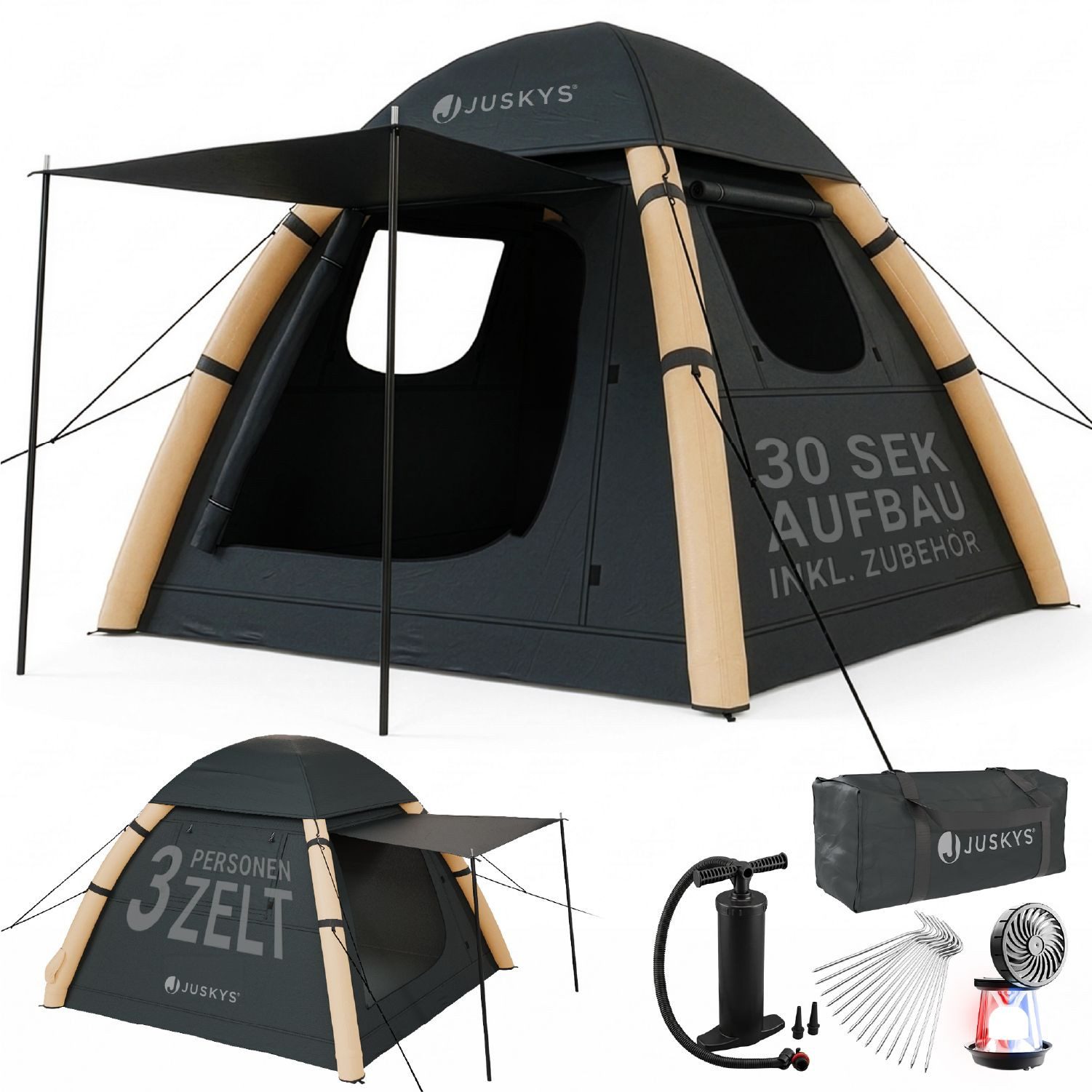 Juskys aufblasbares Zelt EasyFlow, Für 1-3 Personen, inkl. Multifunktionslampe und Luftpumpe