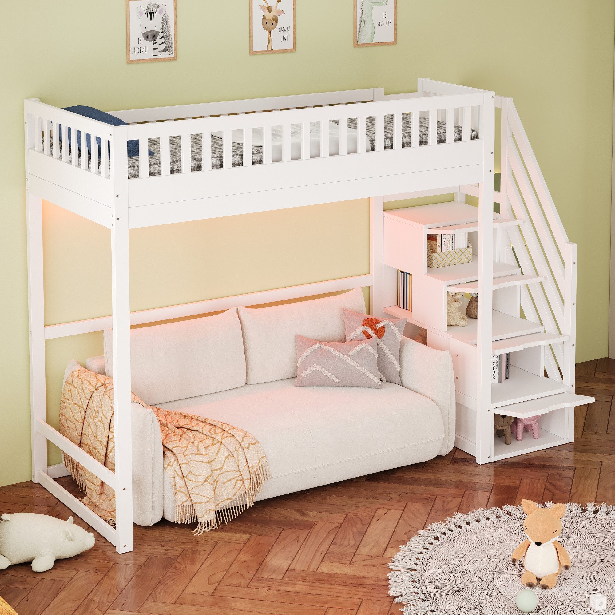 Odikalo Hochbett Hochbett mit Stauraum & Treppe, Weißes Holzbett aus Massiver Kiefer (Hochbett 140x200 / 90x200 cm mit Sicherheitsaufbewahrungsleiter, Sicherhei – Bild 3 von 5