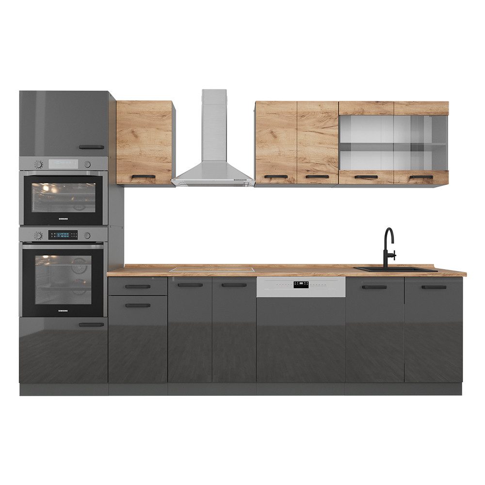 Vicco Küchenzeile R-Line, Goldkraft Eiche/Anthrazit/Anthrazit, 300 cm zweifarbige Sch...