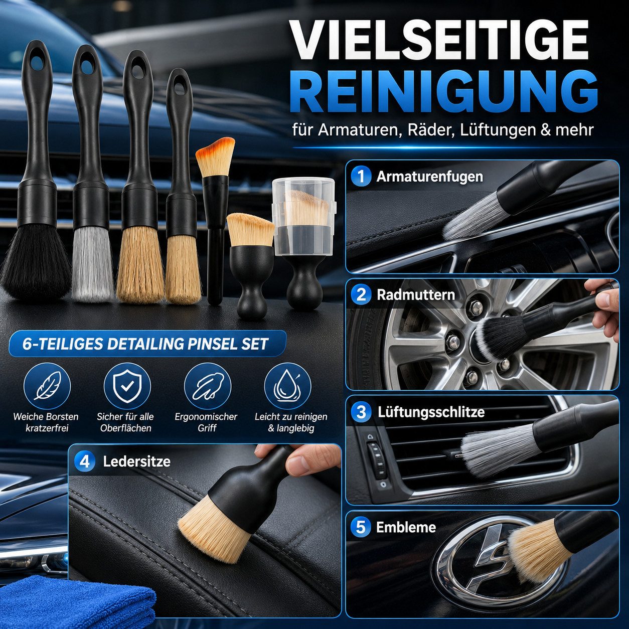 Fyrove Autowaschbürste 5‑teiliges Autoreinigungs‑Bürstenset für Auto‑ und Haushaltsreinigung, Fensterscheiben, Zierleisten, Lüftungsschlitze, Motoren und Sitzsp – Bild 3 von 5