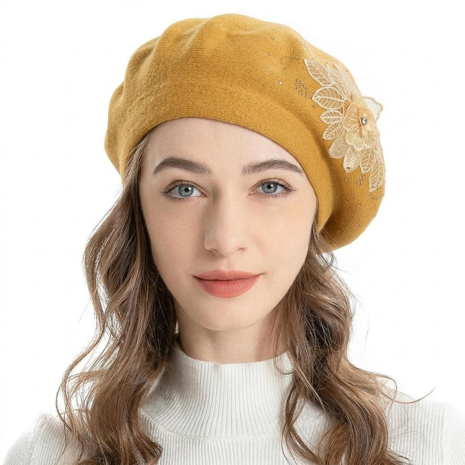 LuxusKollektion Baskenmütze Baskenmütze Damen Kaschmir wendbar Blume Gelb (1-St)