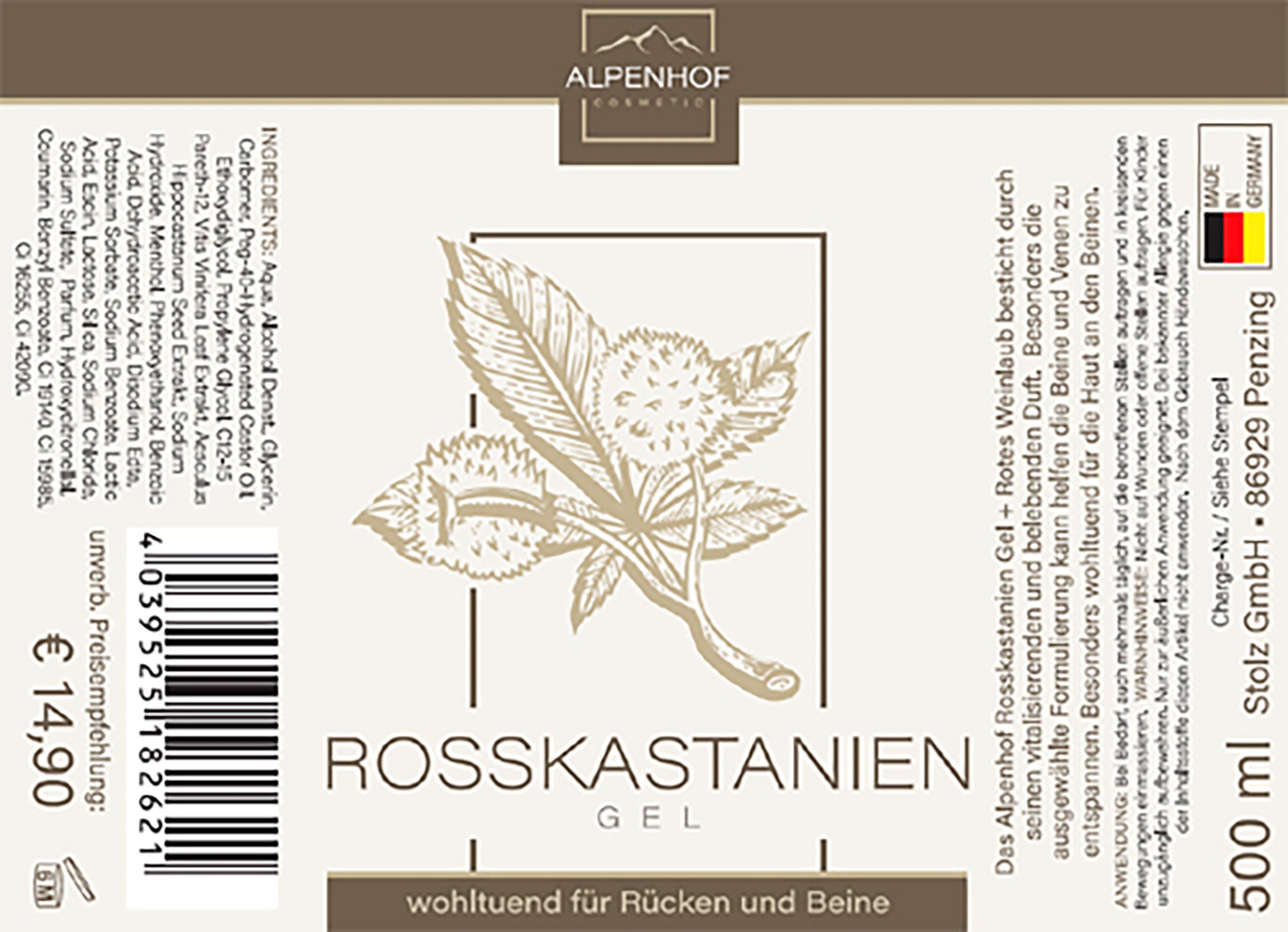 ALPENHOF Körpercreme ROSSKASTANIEN WEINLAUB GEL 500ml wohltuend für Rücken und Beine 21, Beincreme Hautpflege Fußcreme Pflege Creme Balsam