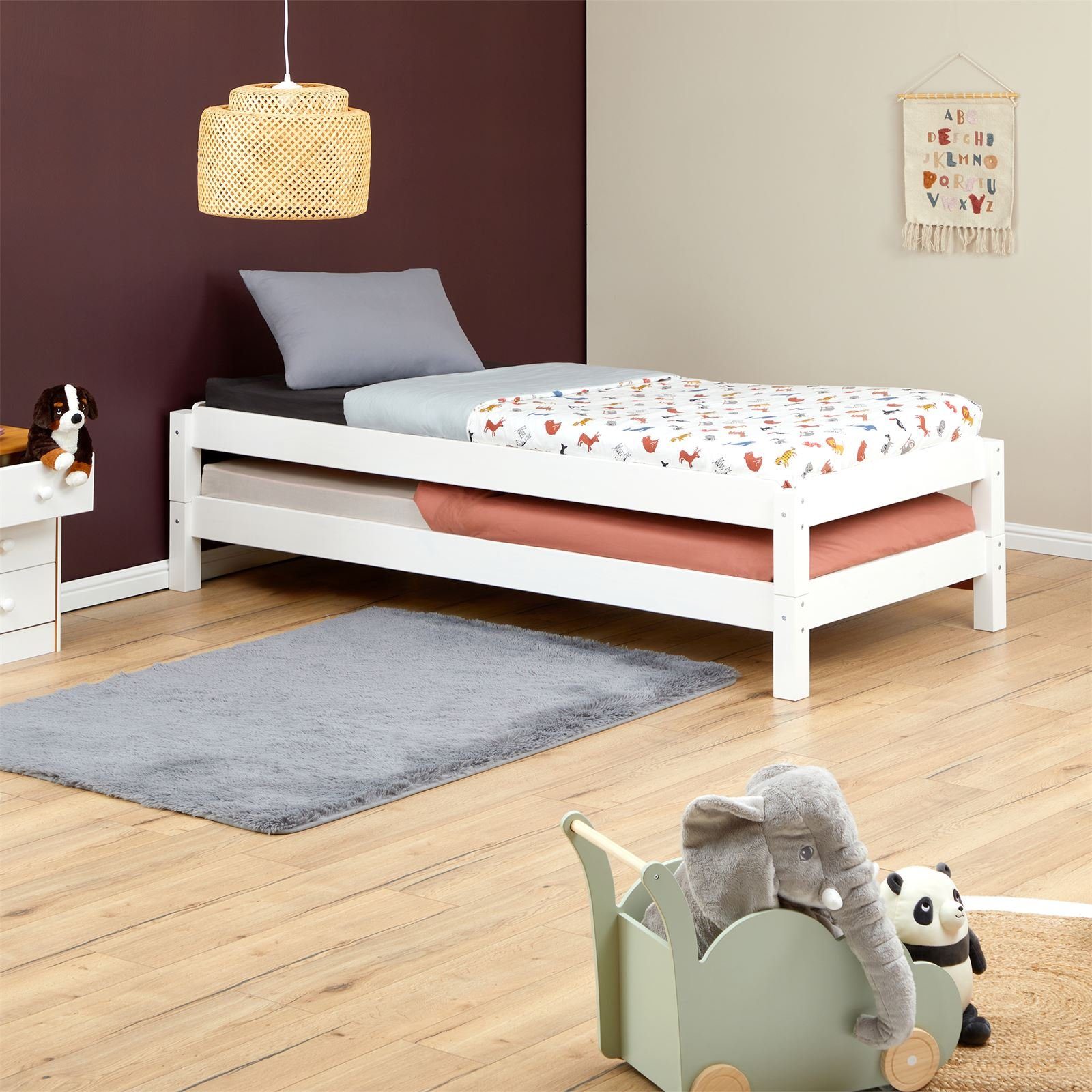 Stapelbett aus Holz Kinder aus Kiefer 80x200 Funktionsbett weiß Gästebett Massivholz RINO-80x200, cm IDIMEX