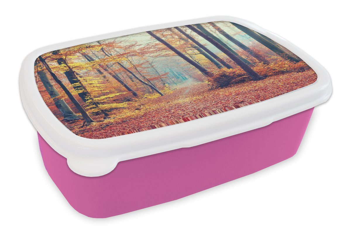 für - Wald Erwachsene, Brotdose Snackbox, rosa Kunststoff Laub, Kinder, Kunststoff, Brotbox (2-tlg), Herbst MuchoWow Lunchbox Mädchen, -