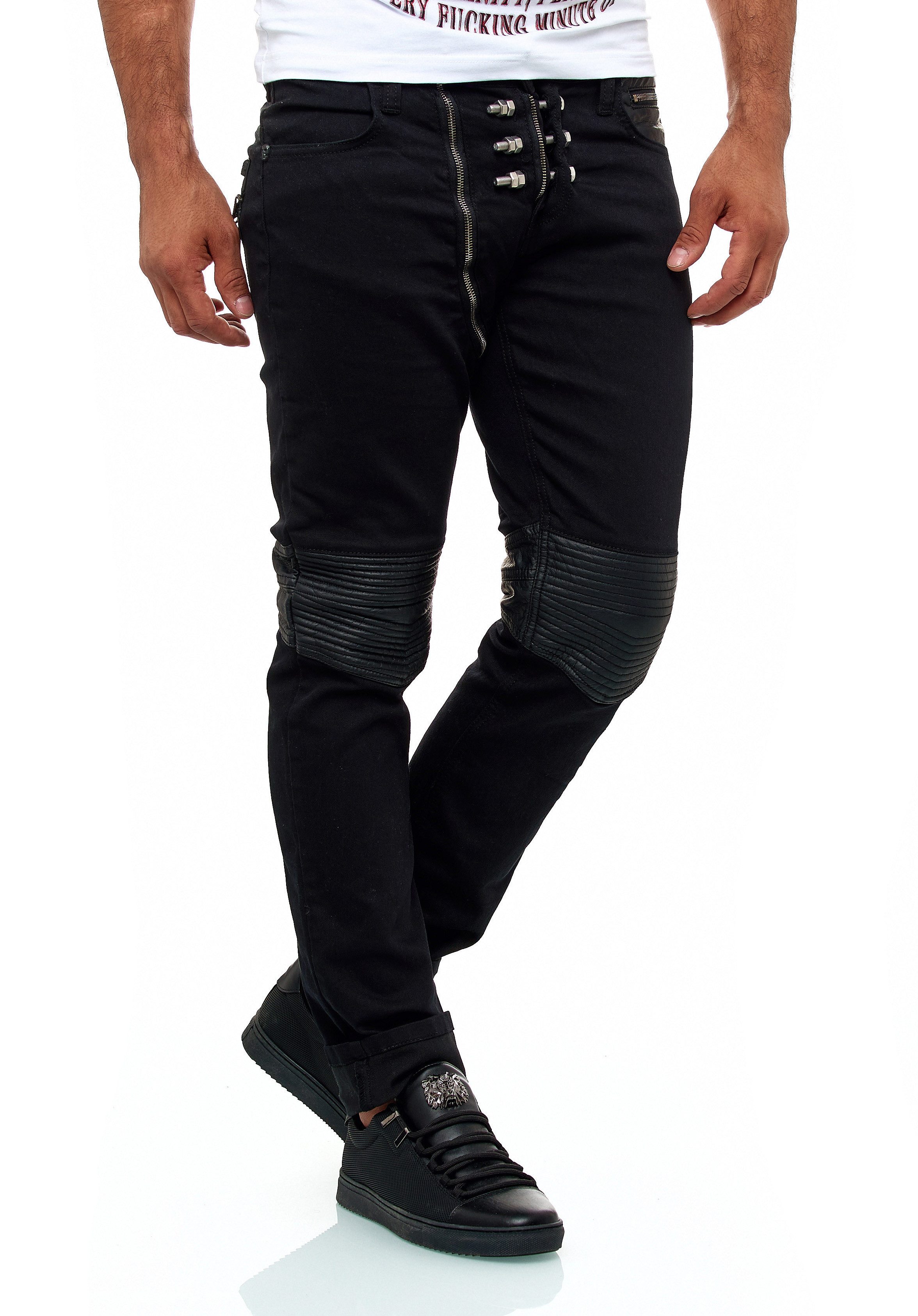 KINGZ Slim-fit-Jeans Herren Designer Schraubenjeans in Schwarz Black W34/L34