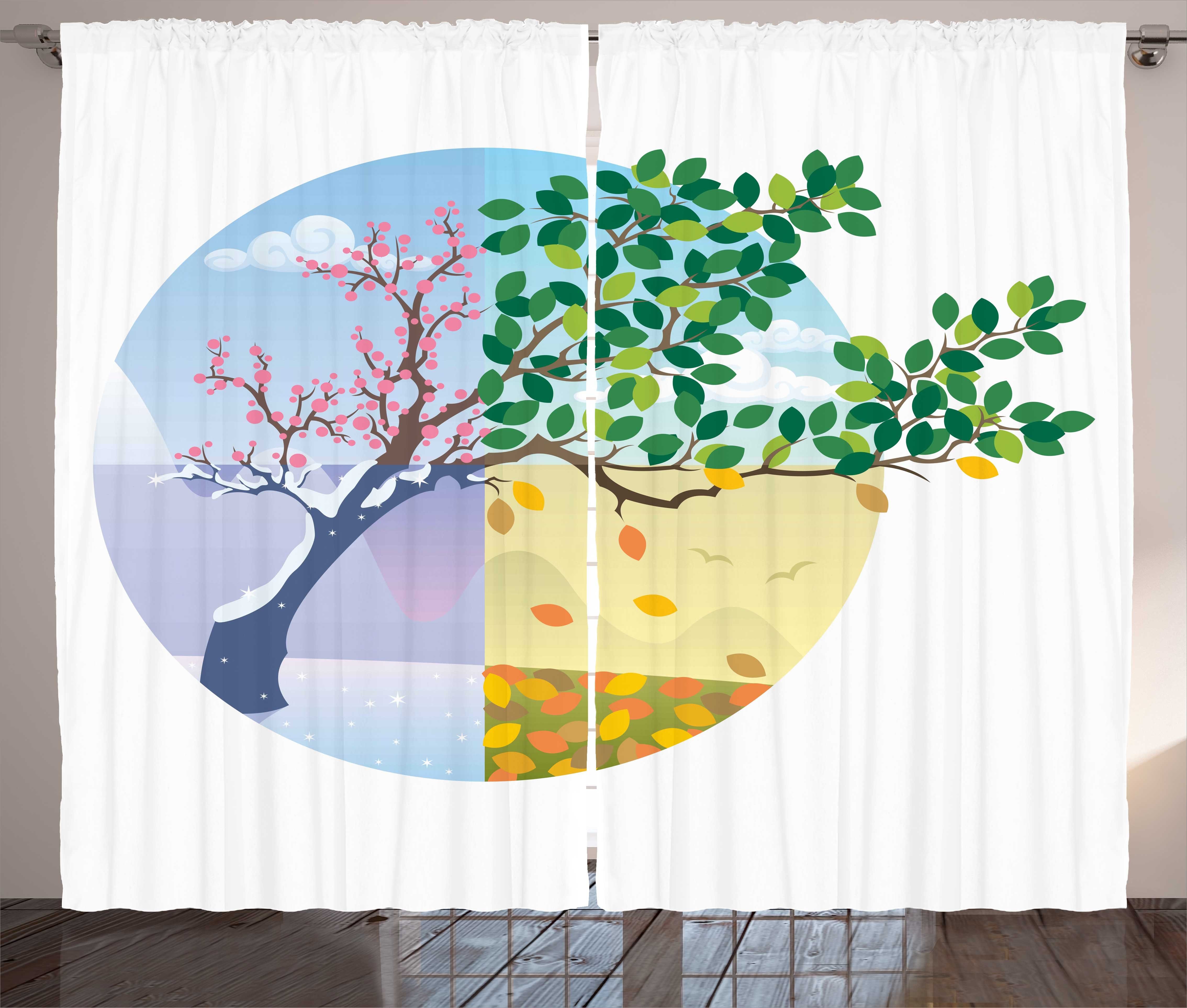 Gardine Schlafzimmer Kräuselband Vorhang mit Schlaufen und Haken, Abakuhaus, Baum Cartoon Zyklus der Jahreszeiten