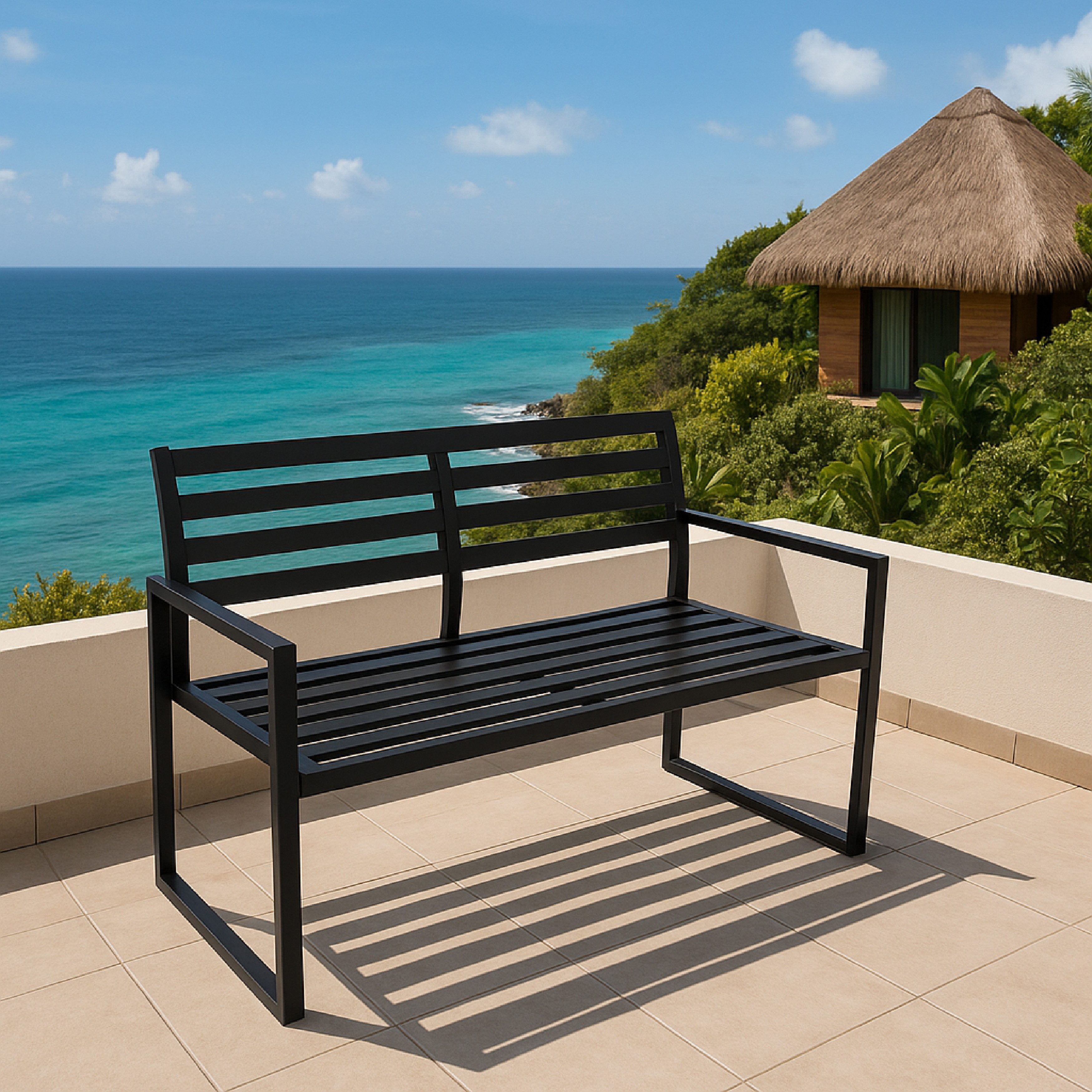 TPFGarden Gartenbank CREWE (Holzbank 2-sitzer im modernen Design aus Aluminium, Robuste und gemütliche Outdoor Bank schwarz), Hochwertige Bank mit den Maßen (BxHxT): 122 x 87 x 59 cm