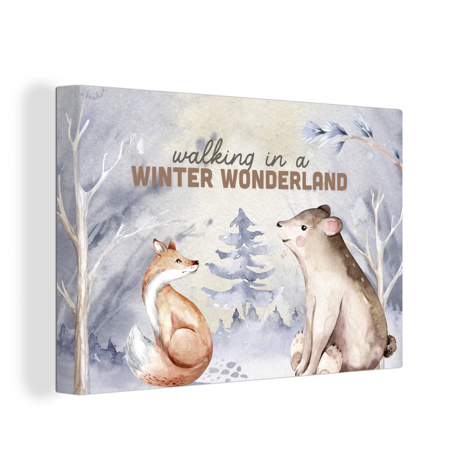 (1 Wanddeko, Leinwandbilder, OneMillionCanvasses® cm 30x20 - Schnee, Bär Leinwandbild - Winter Wandbild St), - Fuchs Aufhängefertig,