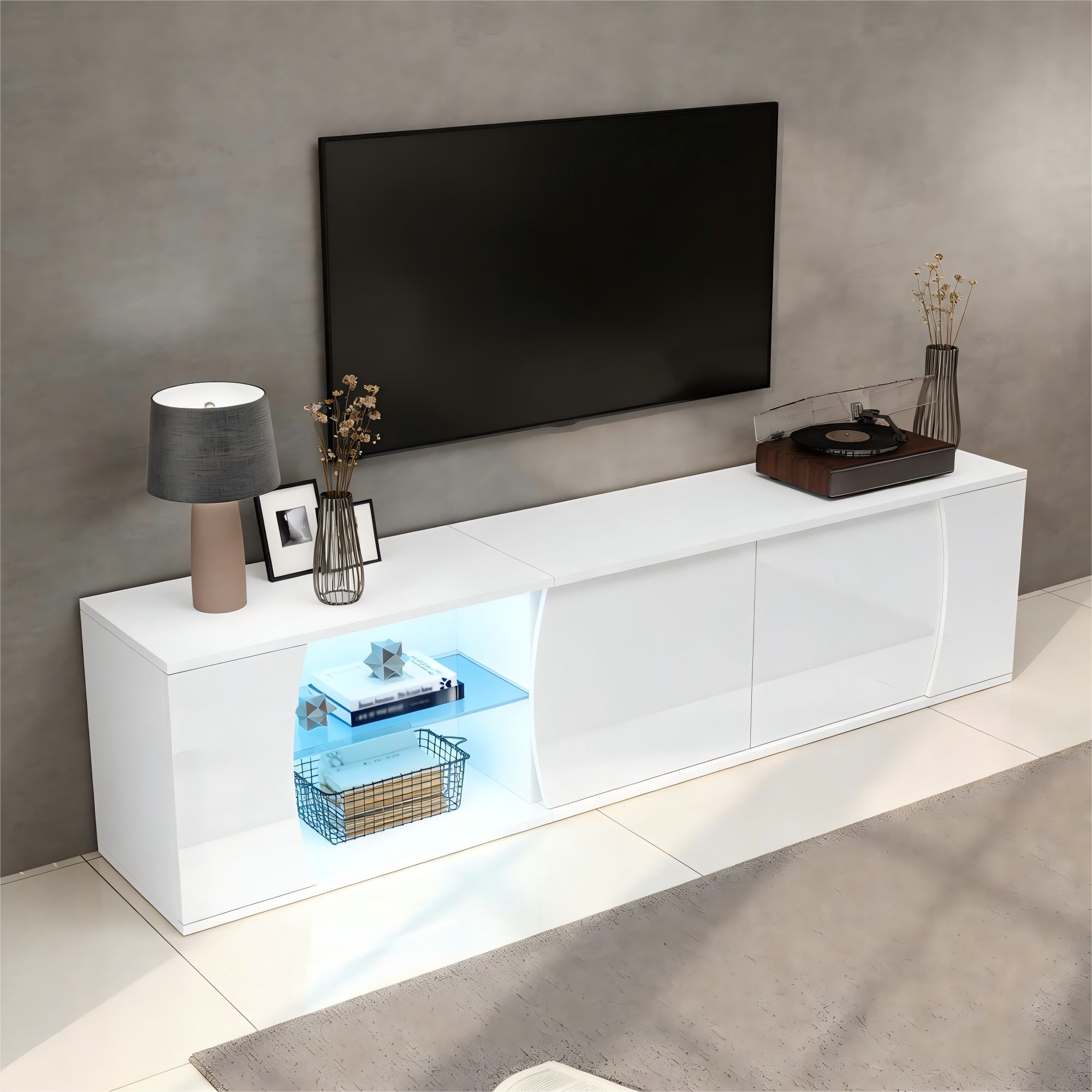 Merax Lowboard hochglänzender Fernsehschrank mit LED-Lichtern (für Fernseher bis 80 Zoll, 1 St., 180x40x45cm), TV-Schrank mit 3 Türen, großzügigem Stauraum & gehärtetem Glas