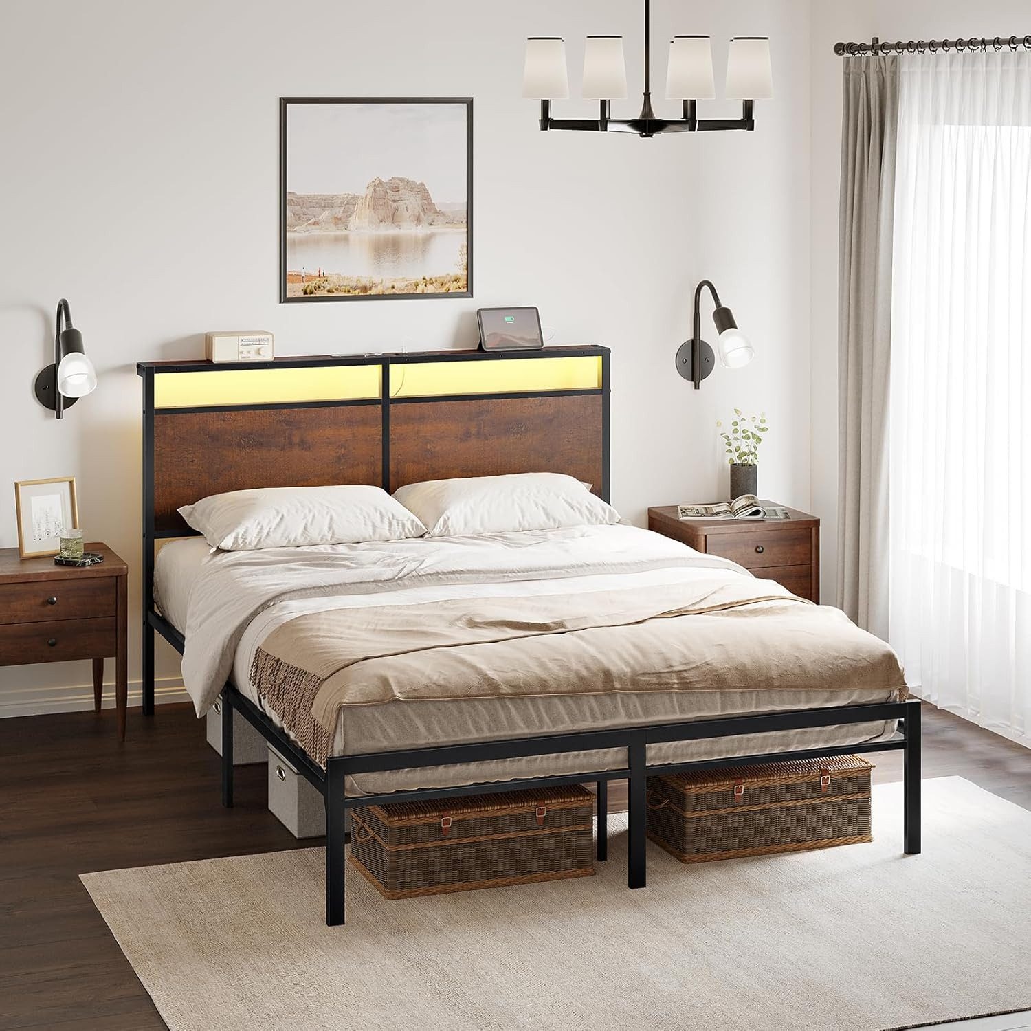 FABATO Bettgestell Metallbettgestell mit Kopfteil, LED-Beleuchtung & Ladestation (1-tlg), 140×200cm, schwarz+braun
