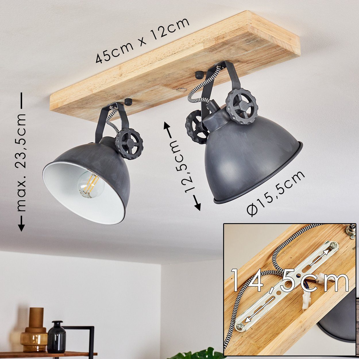 hofstein Deckenleuchte »Mot« Deckenlampe aus Metall/Holz in Blau-Grau/Natur, ohne Leuchtmittel, mit verstellbaren Strahlern, 2xE14, Retro/Vinatge Design