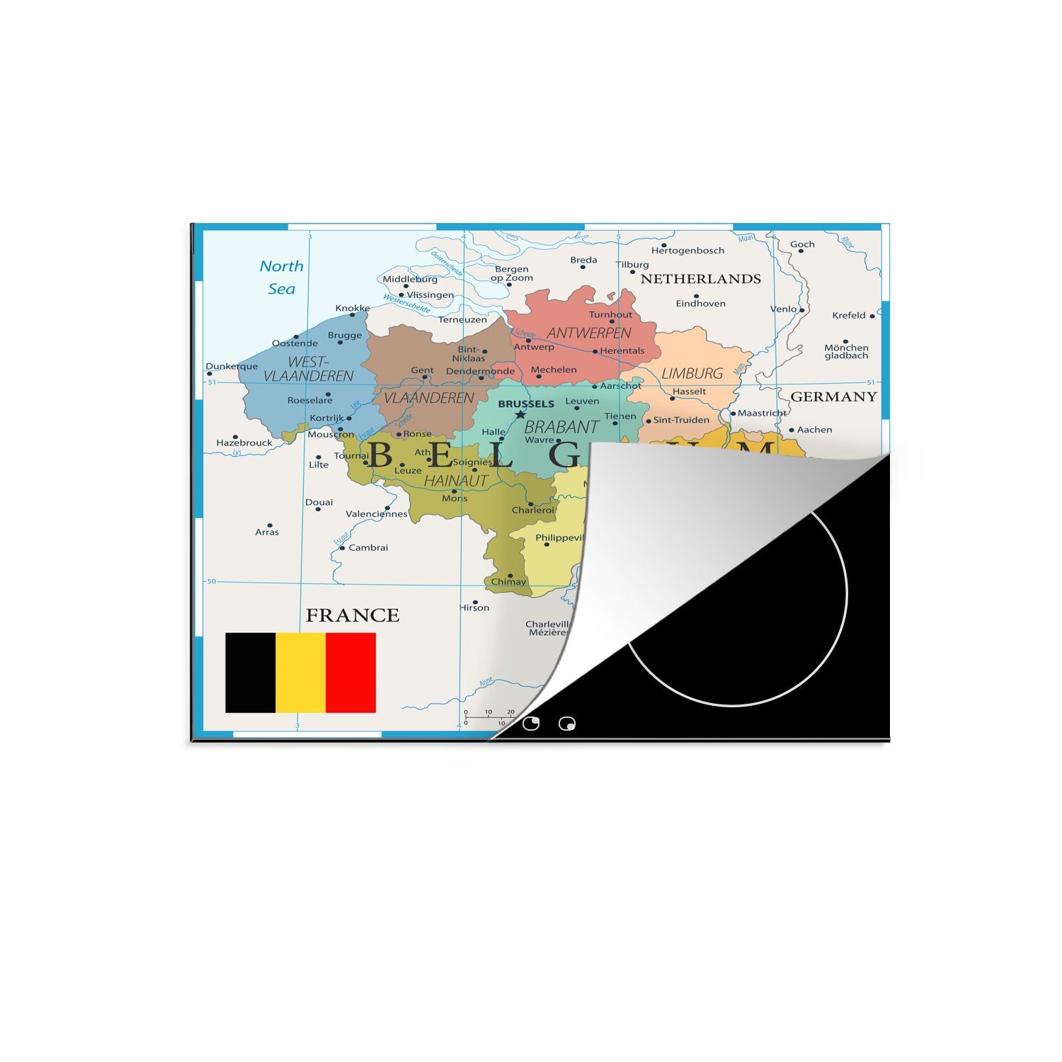 MuchoWow Herdblende-/Abdeckplatte Eine bunte Illustration einer Karte von Belgien, Vinyl, (1 tlg), 57x51 cm, Induktionsschutz, Induktionskochfeld, Ceranfeldabdeckung