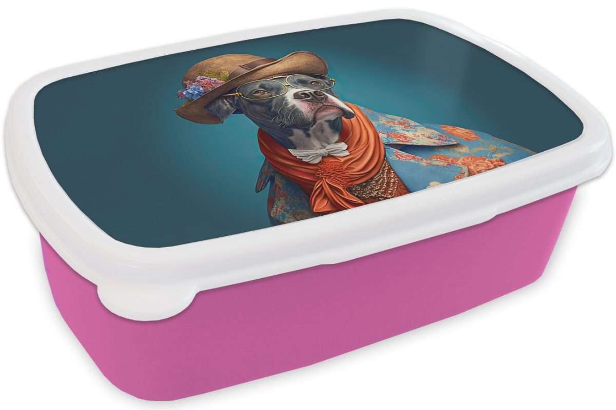 MuchoWow Lunchbox Hund - Jacke Erwachsene, - rosa Kunststoff Brotbox Brotdose (2-tlg), - Blau, - Kinder, Snackbox, Mädchen, Blumen für Kunststoff, Hut