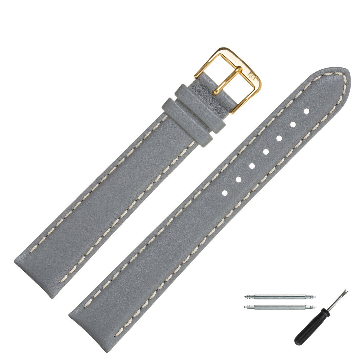 MARBURGER Uhrenarmband 22mm Leder XL lang extra Grau/Gold