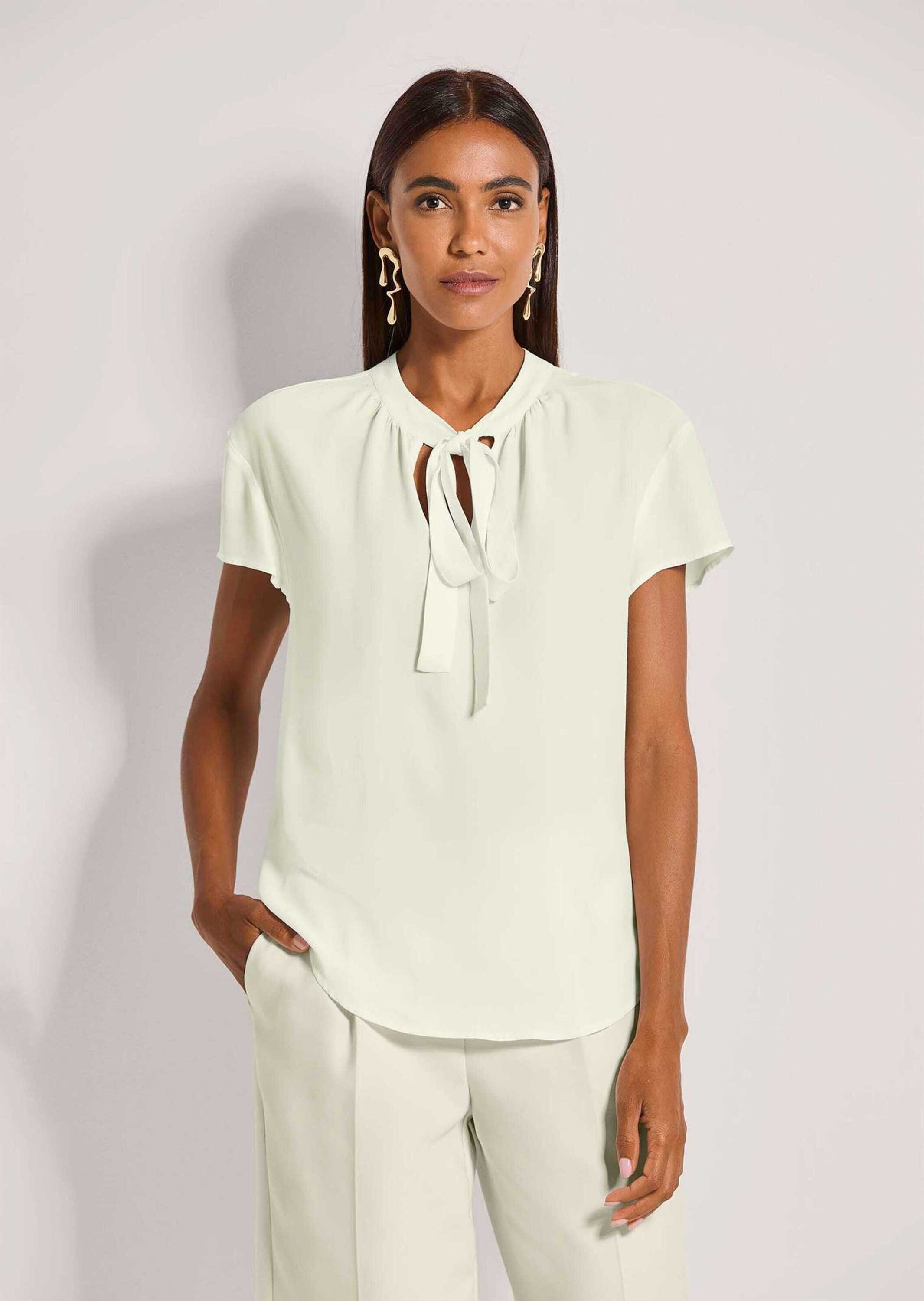 MADELEINE Kurzarmbluse Viskosebluse mit Bindeband Schlupfbluse mit Rundhals, Kräuselung und Kurzarm