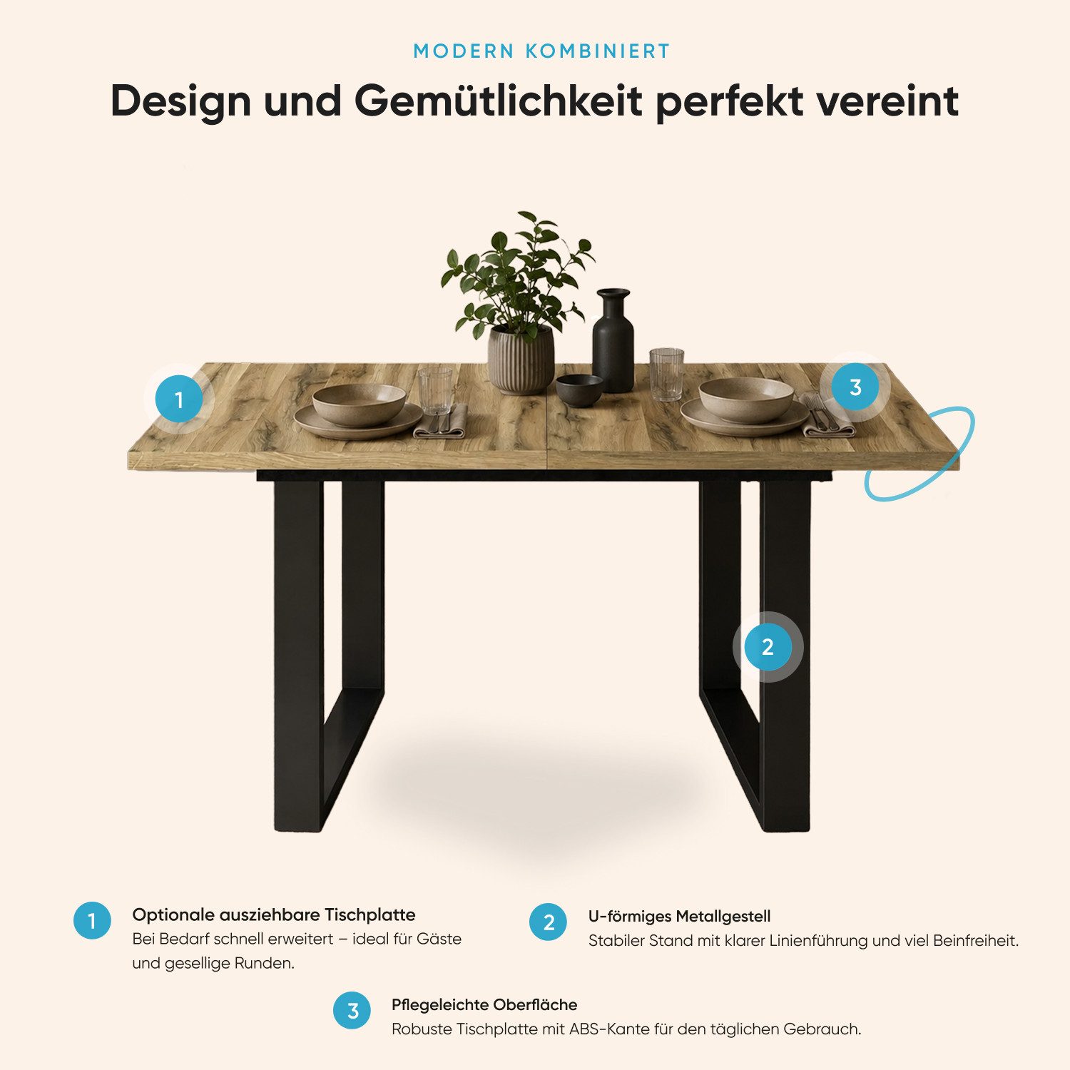 Storado Esstisch Big System Metall U 140–210×90cm, Esszimmertisch, Stabiles U-Gestell für einen sicheren Stand
