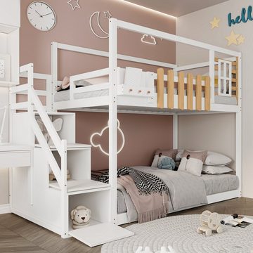 Flieks Etagenbett, Kinderbett Kiefernholzbett mit Treppe und Stauraum 90x200cm