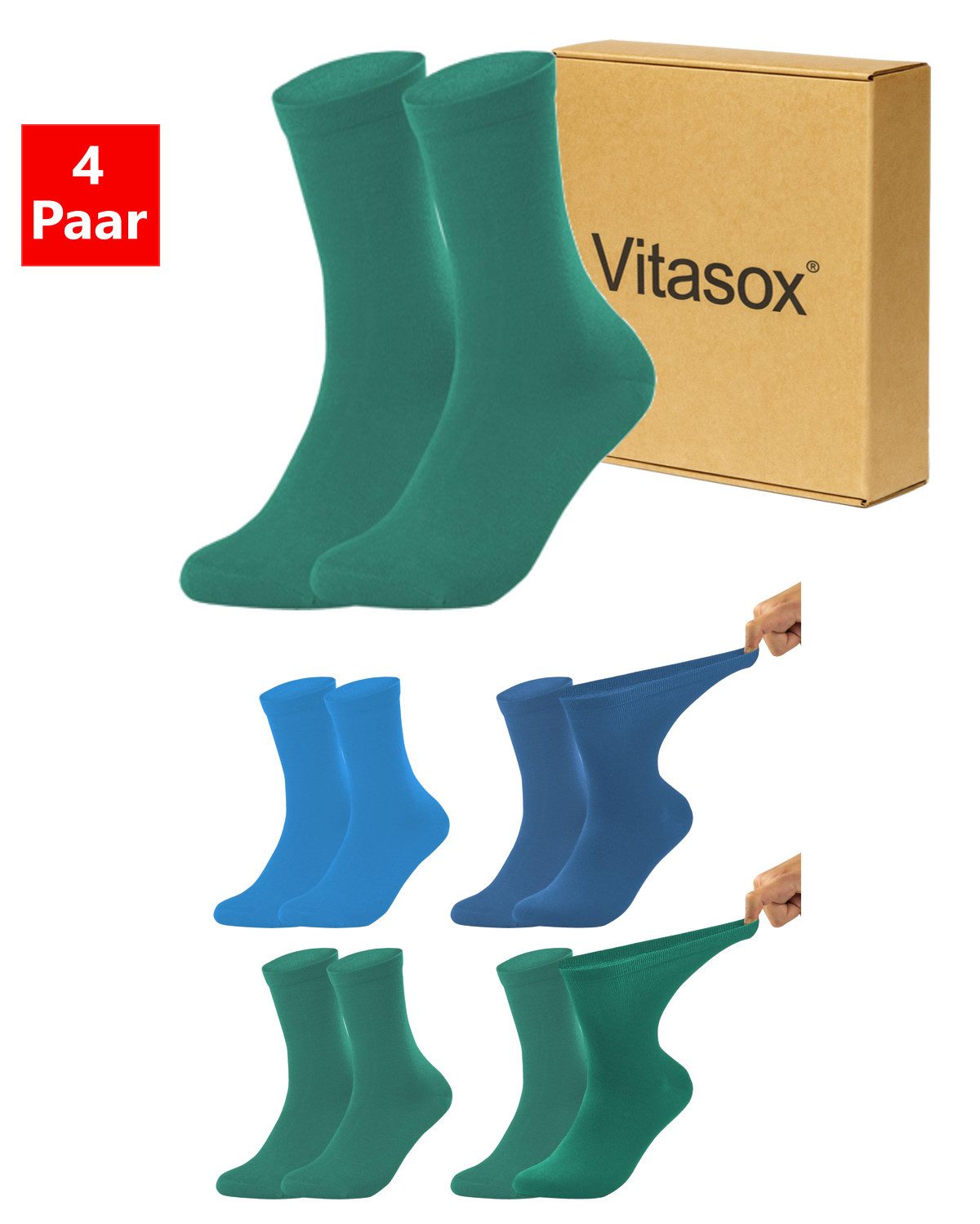 Vitasox Diabetikersocken für Damen - aus Baumwolle ohne Gummi, ohne Einschneiden und Abdrücken (4-Paar) mit weichem und dehnbarem Komfortbund