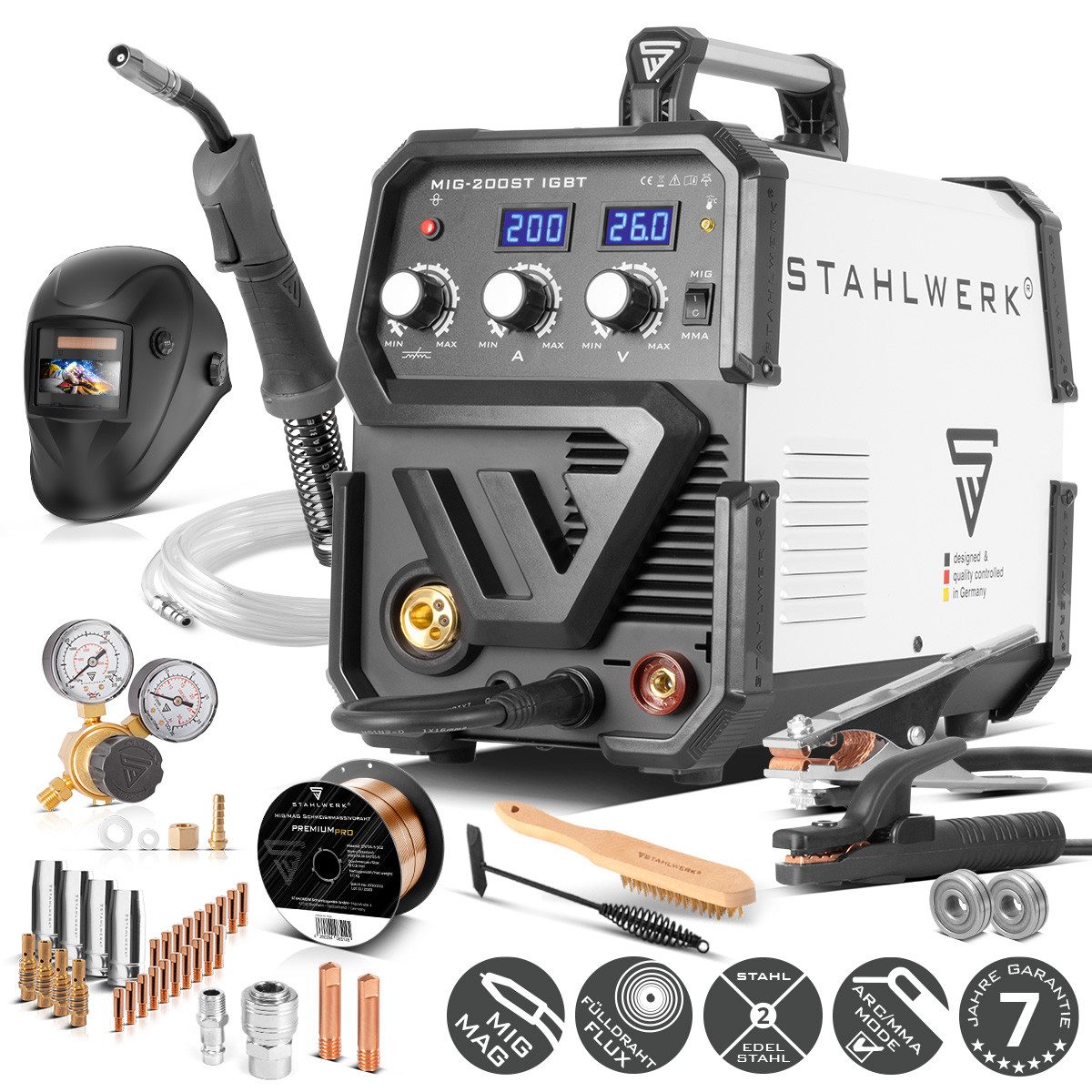 STAHLWERK Schutzgasschweißgerät MIG MAG 200 ST IGBT Vollausstattung inkl. Zubehör, 40 - 200 A, Packung, 1-tlg., Vollausstattung, mit 200 Ampere