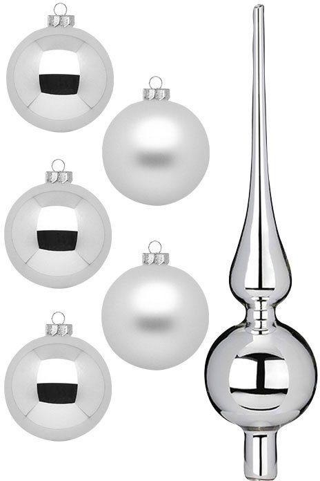 MAGIC by Inge Weihnachtsbaumkugel Frosty Silver, Weihnachtsdeko, Christbaumschmuck (46 St), Christbaumkugeln aus Glas, 45 Kugeln Ø ca. 4-6 cm, inkl. Spitze 28 cm