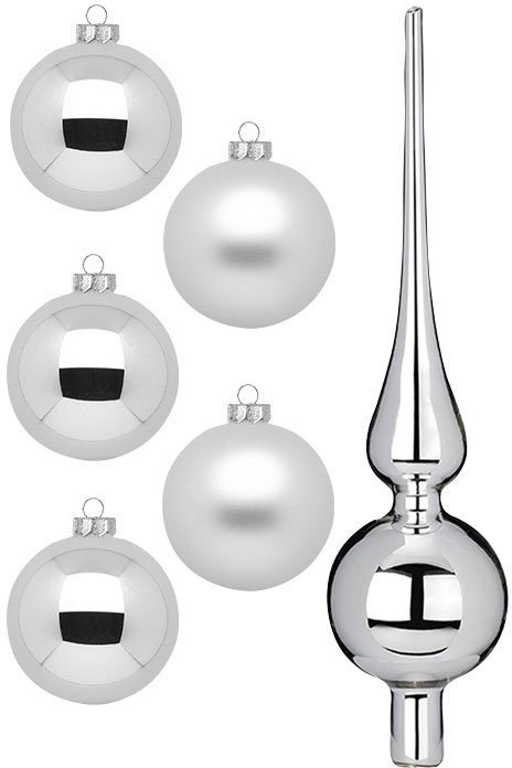 MAGIC by Inge Weihnachtsbaumkugel Frosty Silver, Weihnachtsdeko,  Christbaumschmuck (46 St), Christbaumkugeln aus Glas, 45 Kugeln Ø ca. 4-6 cm,  inkl. Spitze 28 cm