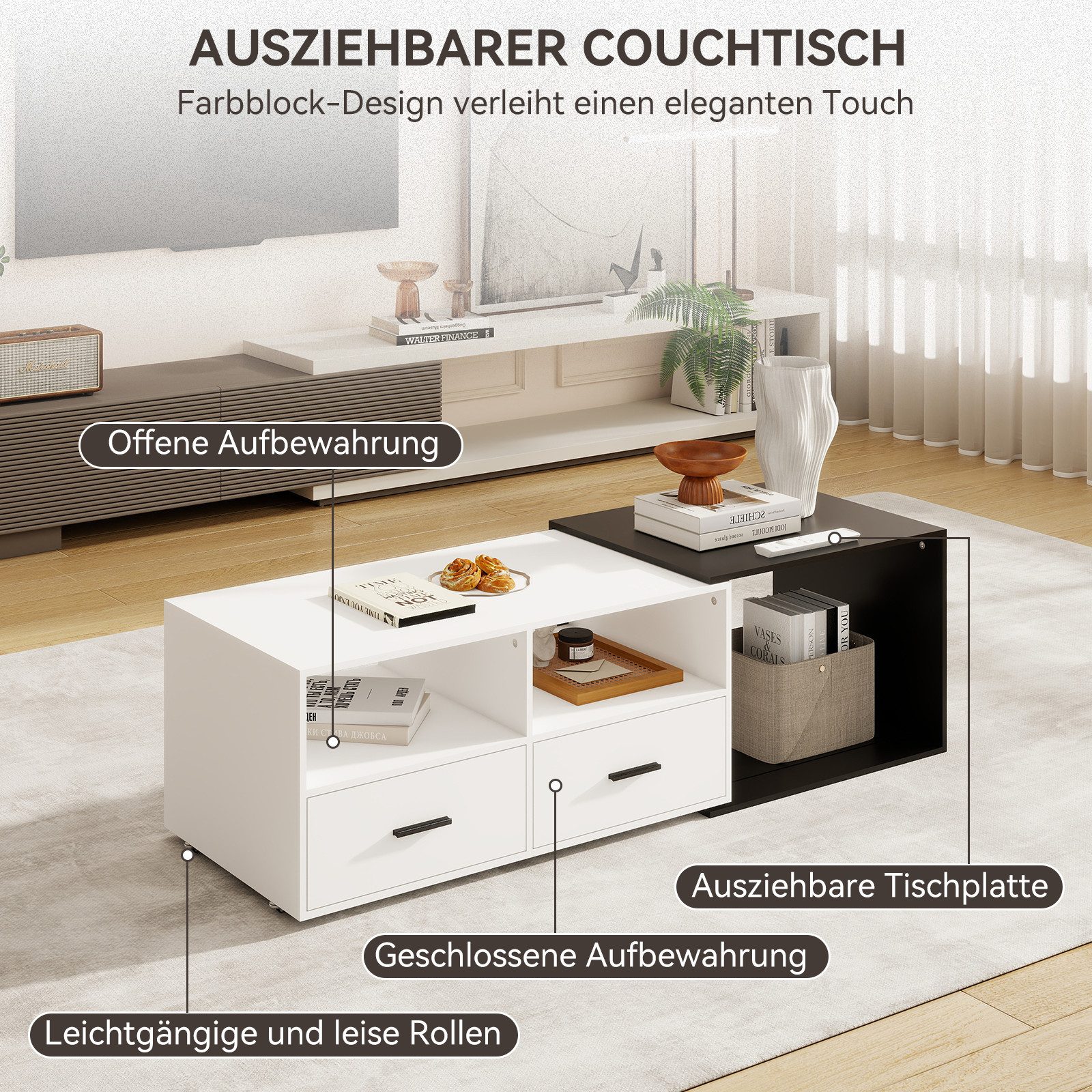 Puluomis Couchtisch Kaffeetisch ausziehbar 91-145cm mit Rollen Schublade schwarz weiß (Packung)