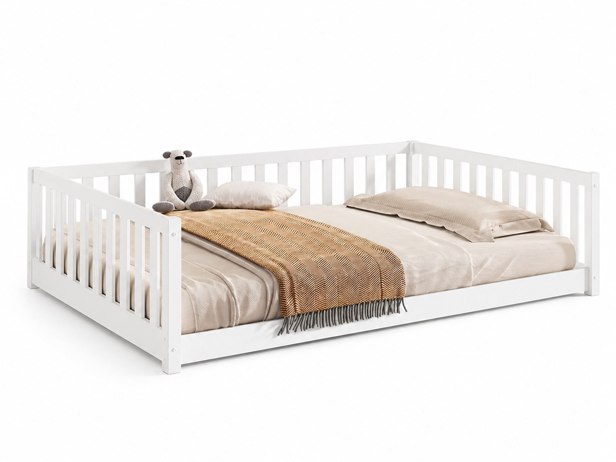 58 aufm Kessel Kinderbett Bodenbett Kapua 140x200 umbaubar zum Tagesbett Kiefer Massivholz Weiß (inkl. Versand, Lieferung bis Verwendungsstelle), Flexibel nutzbares Bett vom Bodenbett bis zum klassischen Einzelbett