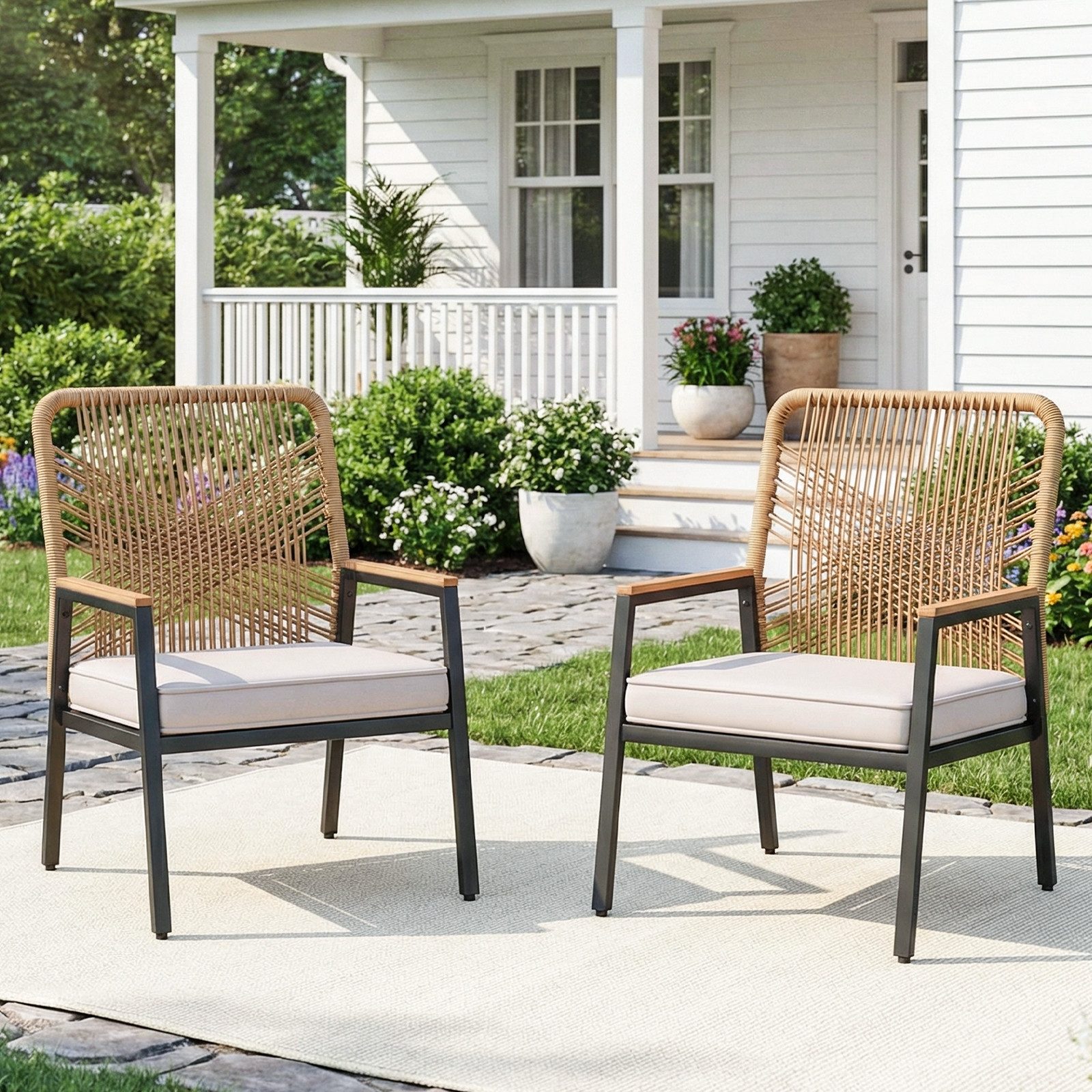 TLGREEN Gartenstuhl Eisen-Rattan Gartensessel,verbreiterter Sitz, (Balkonstühle Metall und Rattan, mit 8 cm dicken Sitzkissen, 2 St), 160 kg Belastbar für Terrasse, Garten und Veranda