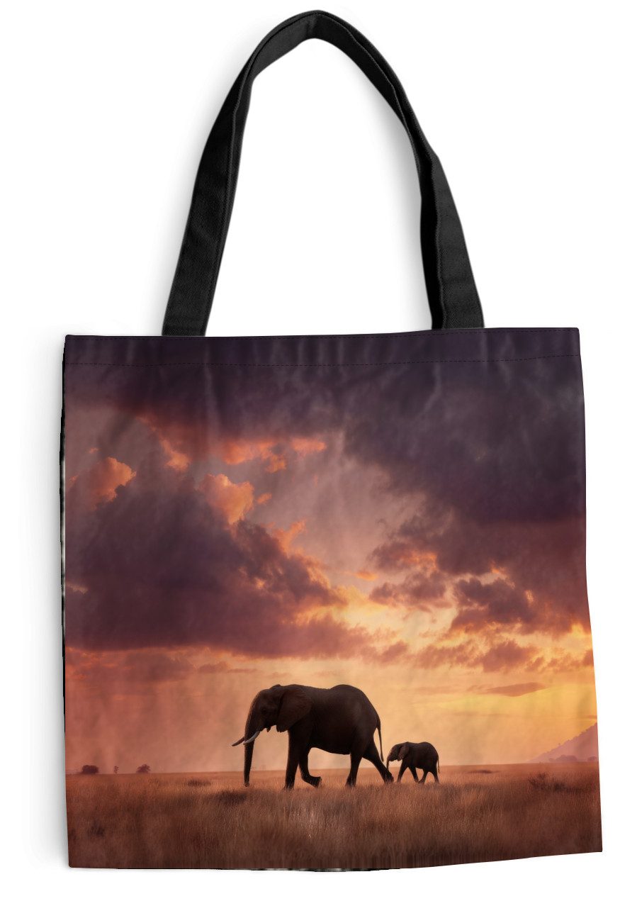 MuchoWow Shopper Elefanten - Grasland - Sonnenuntergang, Handtasche, Damen und Herren, Schultertasche, Umhängetasche, Tote Bag