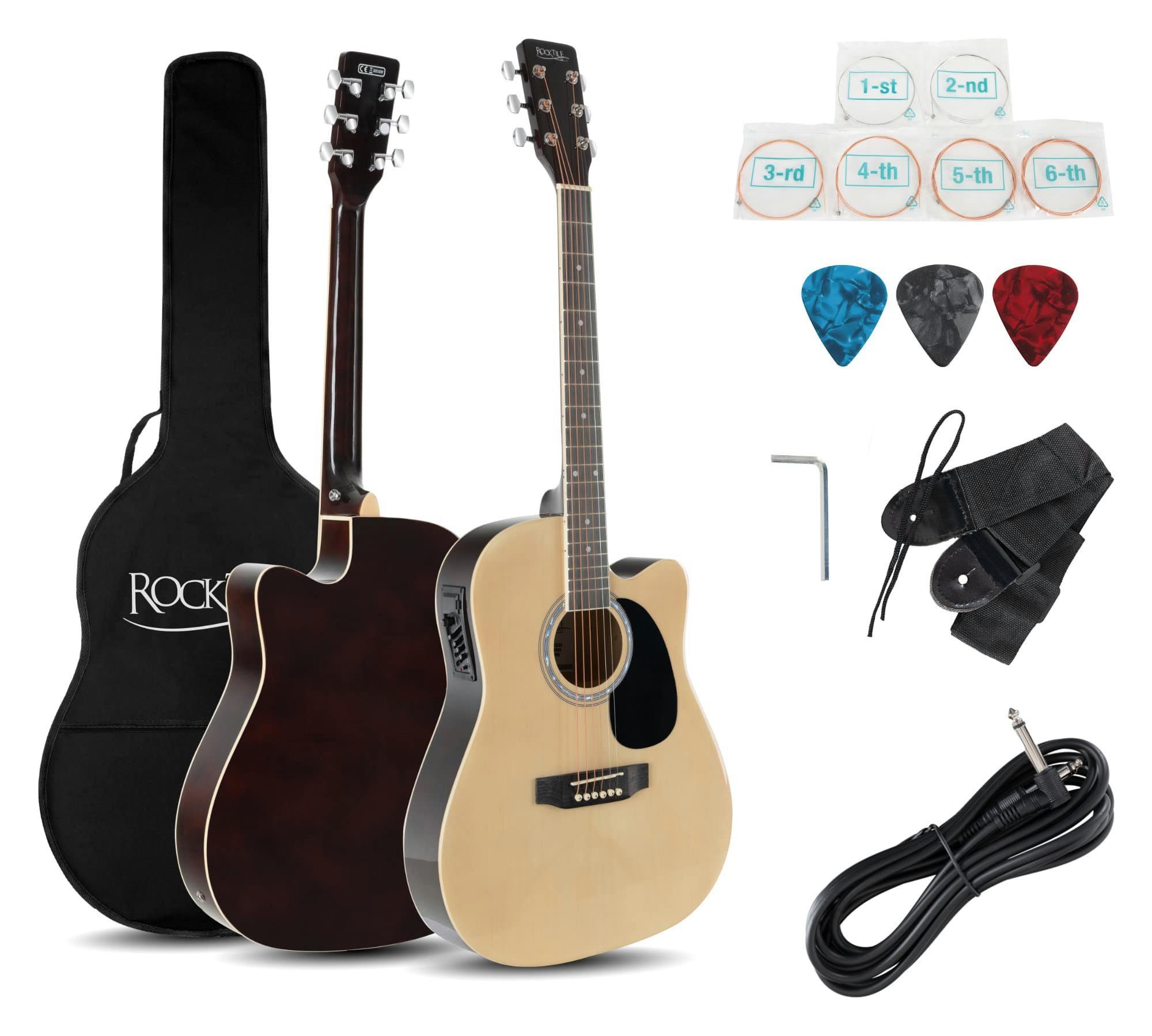 Rocktile Westerngitarre WSD-8CE-NT Slim Line Westerngitarren Set - Dreadnought Akustik Gitarre, Set inkl. Tasche, Ersatzsaiten, Gurt und Plektren