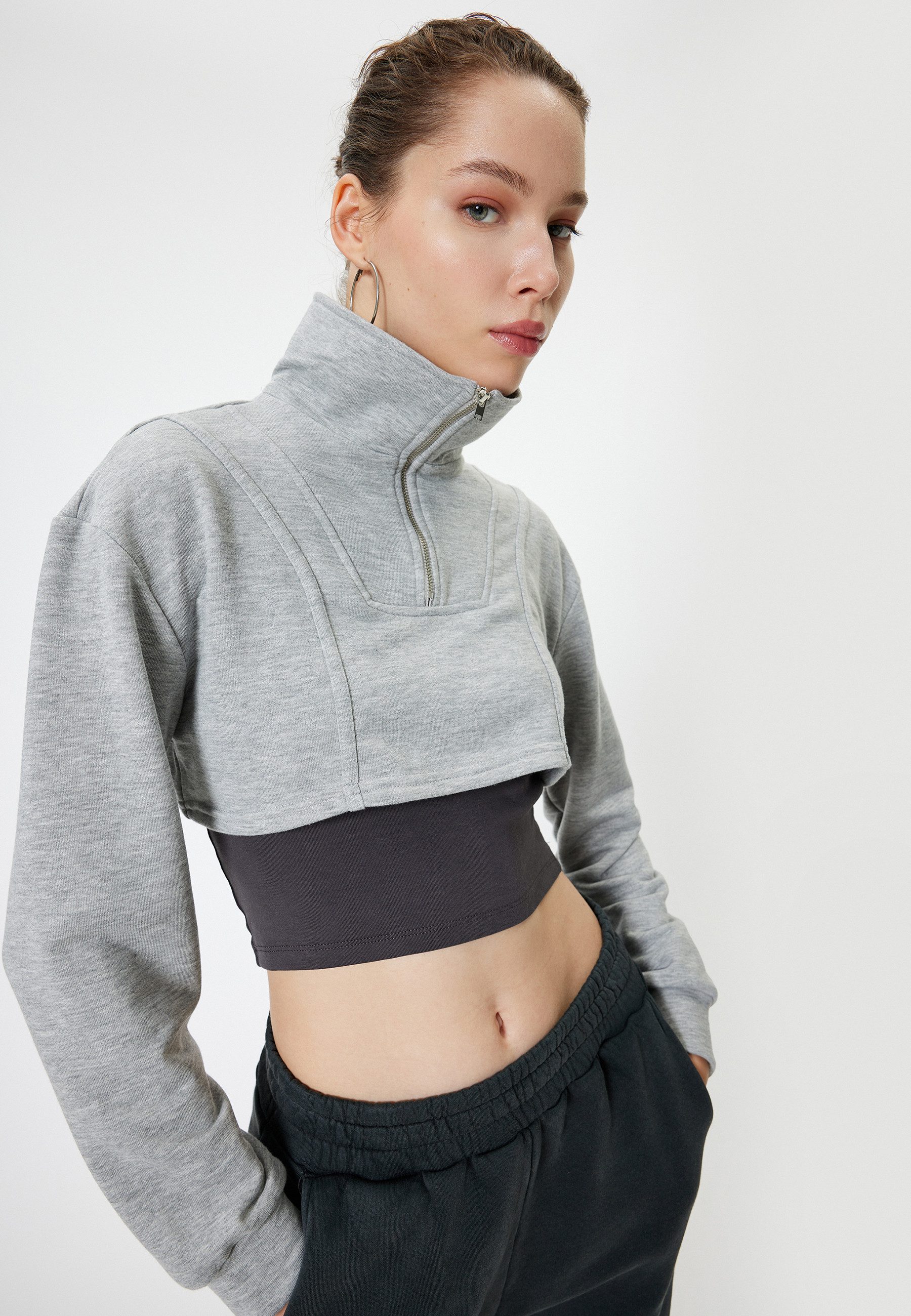 Koton Sweatshirt Halbreißverschluss Einsatz Von Zwei Verschiedenen Stoffen