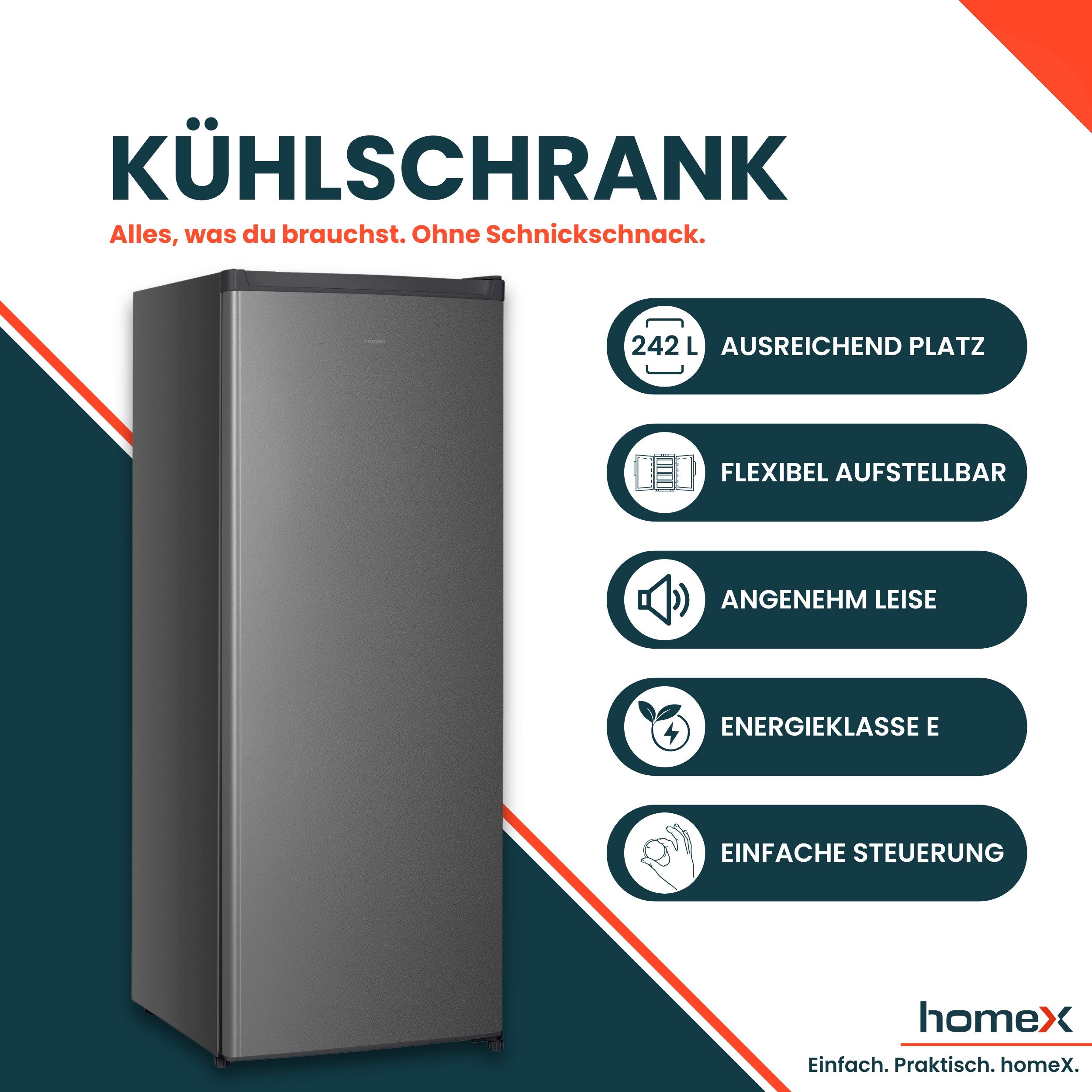 homeX Kühlschrank CS2422E-S, 143 cm hoch, 54.5 cm breit, 242 L, Vollraumkühlschrank ohne Gefrierfach groß, freistehend, 37 dB