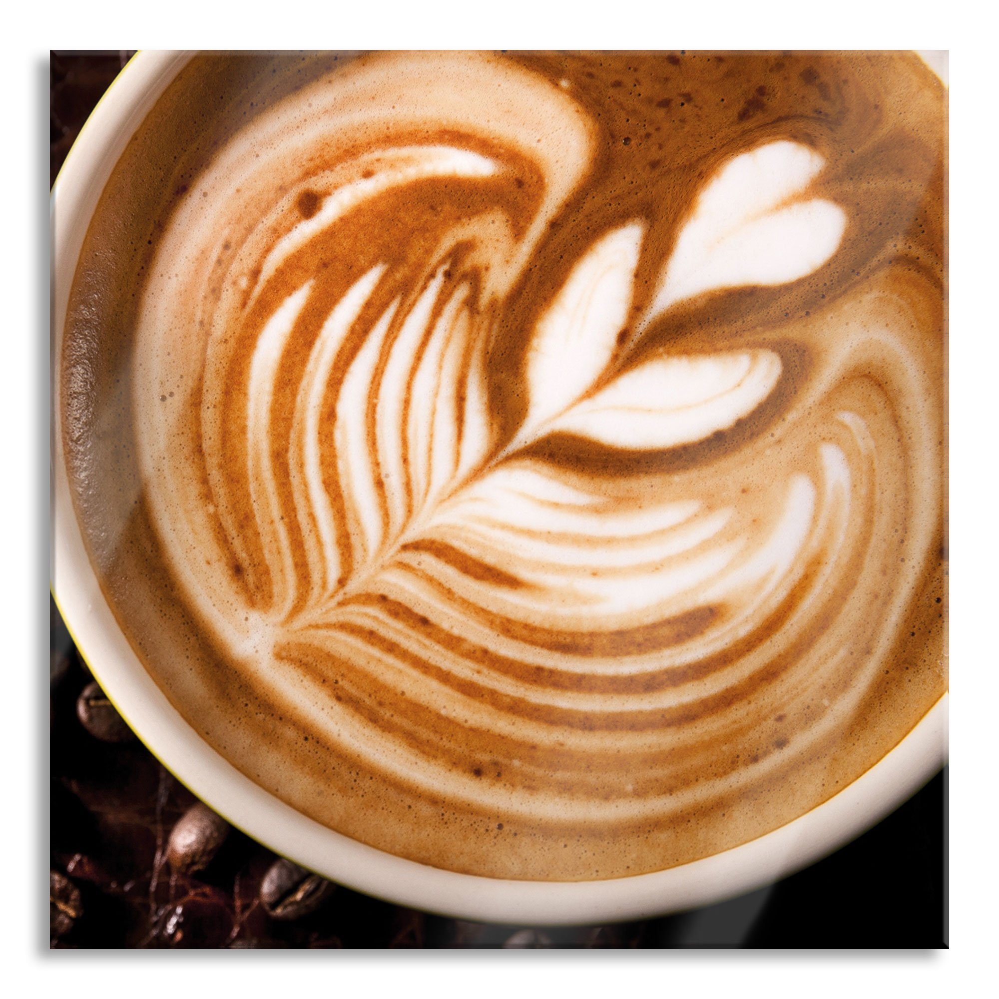 Pixxprint Glasbild Tasse Kaffee mit Schaumherz, Tasse Kaffee mit Schaumherz (1 St), Glasbild aus Echtglas, inkl. Aufhängungen und Abstandshalter