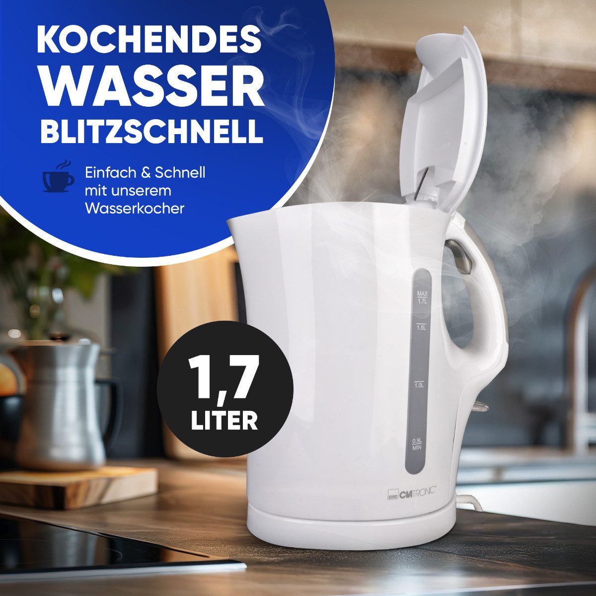 CLATRONIC Wasserkocher WK 3819, 1,7L Füllmenge, max. 2200 Watt, Einhandbedienung