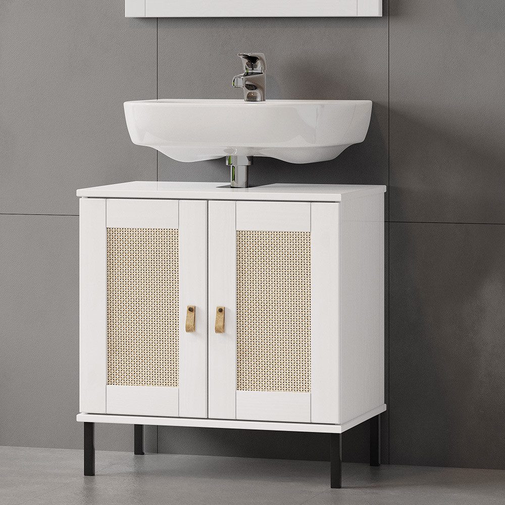 Lomadox Waschbeckenschrank WATFORD-69 in Kiefer massiv weiß, mit Rattaneinsatz, 60 cm breit, Boho Chic