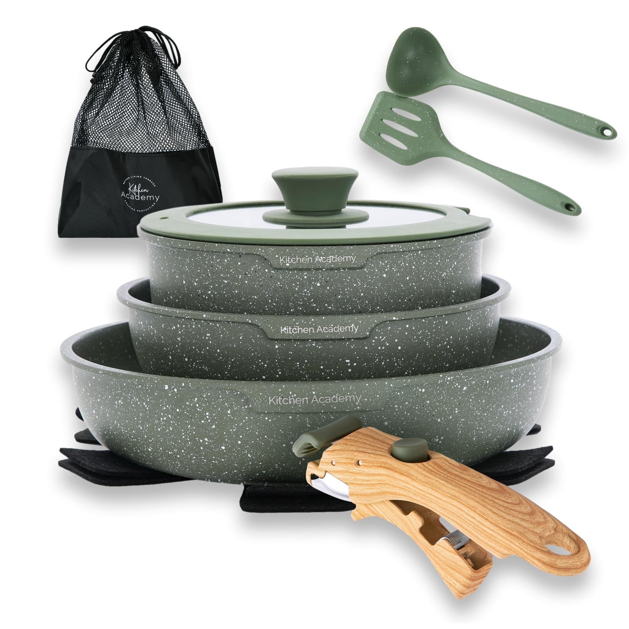 Kitchen Academy Pfannen-Set, (10-tlg, Pfanne 20cm/25cm, Stielkasserolle mit Deckel 18 cm, 2 Silikonspatel), Pfannenset mit abnehmbaren Griffen Töpfe und Pfannen Set mit Deckel