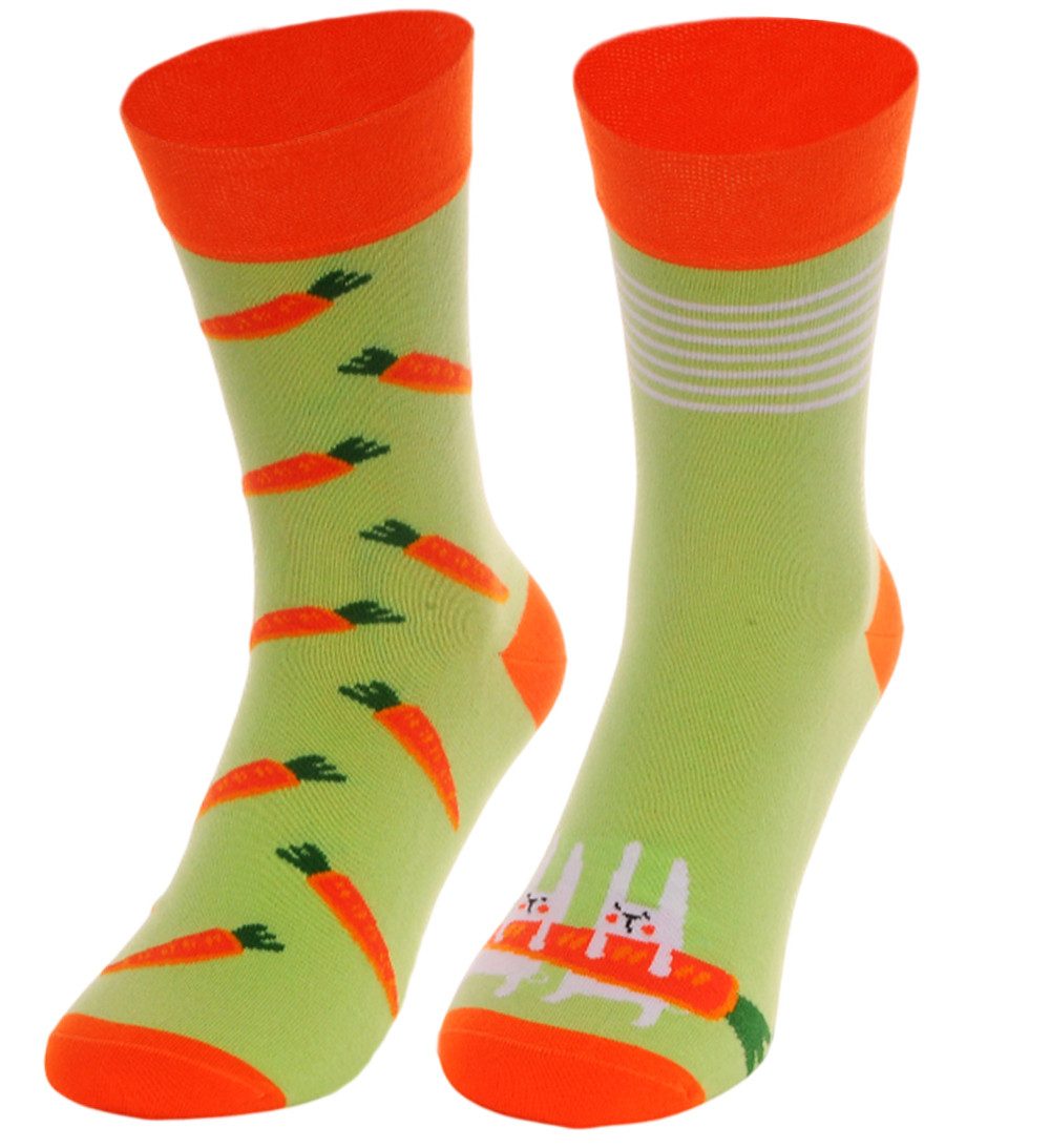 Martinex Freizeitsocken 1 Paar Socken lustige bunte witzige Strümpfe in Grün mit Häschen und Karotten Muster, 35 37 38 39 40 41 42 43 45 36