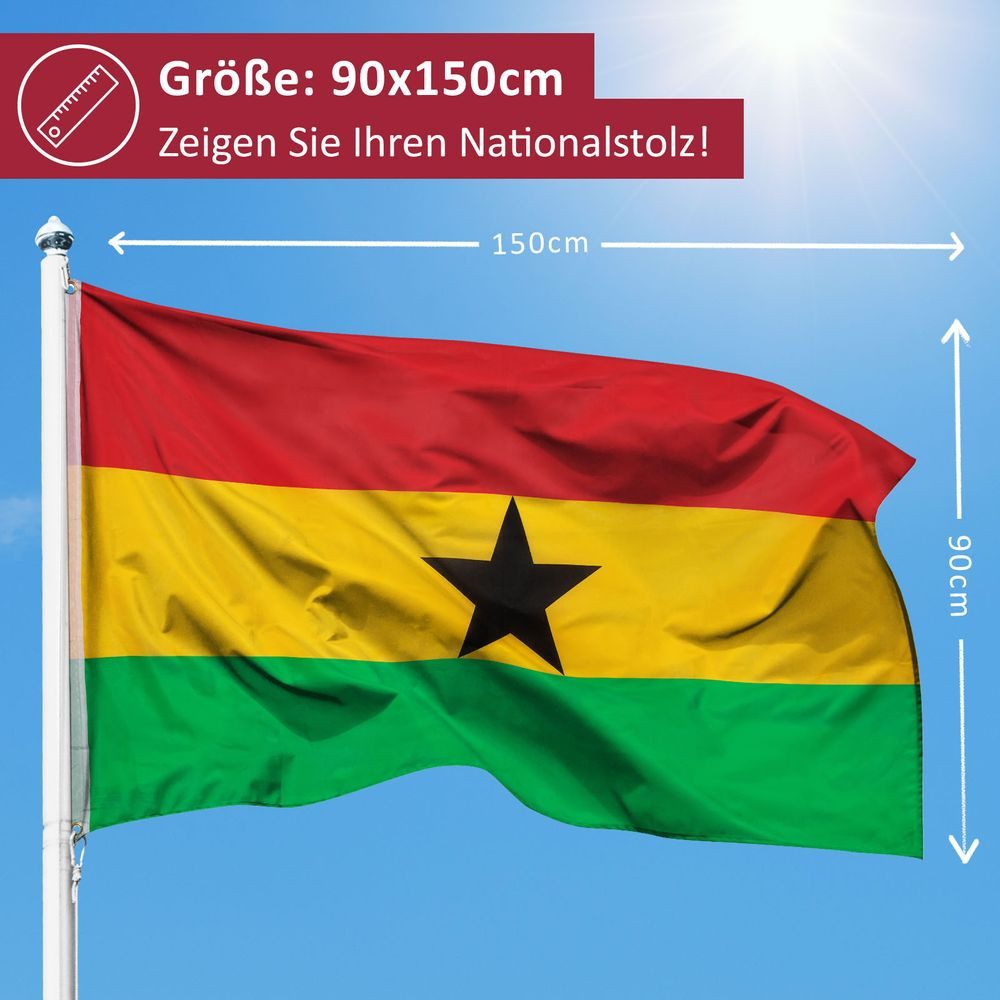 PHENO FLAGS Flagge Ghana Flagge 90 x 150 cm Ghanaische Fahne Ghanafahne (Hissflagge für Fahnenmast), Inkl. 2 Messing Ösen