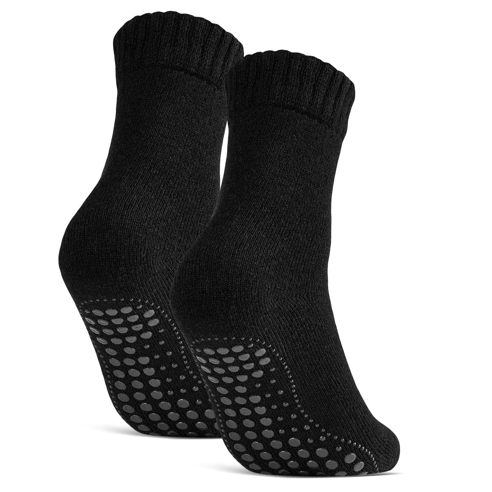 sockenkauf24 ABS-Socken Antirutschsocken warme Stoppersocken mit Wolle Vollfrottee (Schwarz, 2-Paar, 47-50) mit Komfortbund für Damen & Herren - 21463