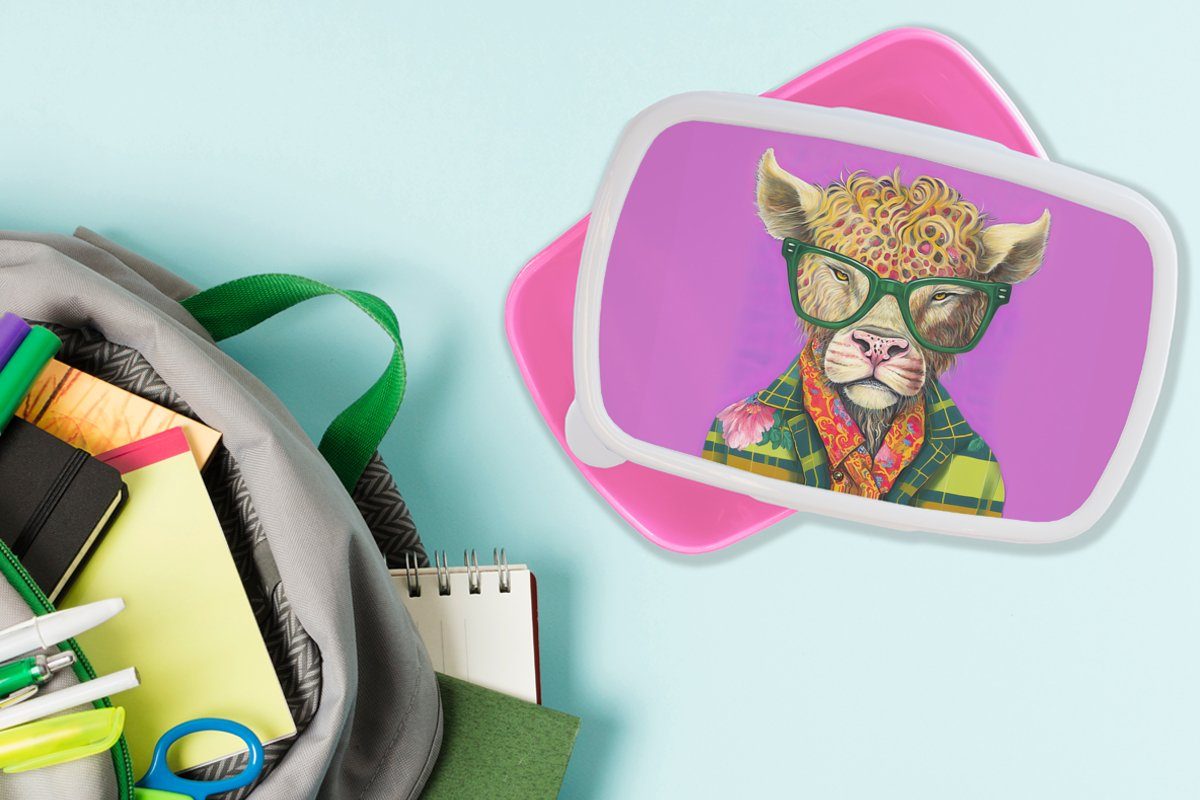 MuchoWow Lunchbox Kinder, - Kunststoff, Brotbox Highlander Brotdose Mädchen, Kunststoff Brille Hippie, Erwachsene, - (2-tlg), - rosa Blumen Tier Snackbox, Schottischer für 
